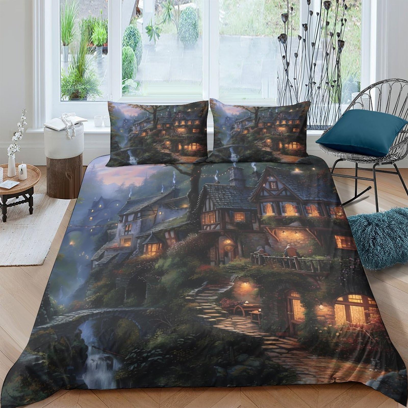 GPLZQXKJNH 3D Printed Fantasy Cottage Duvet Cover Set Microfiber Soft Breathable Forest Night Bedding Set with 2 Pillowcases for Bedroom Decor, Single（135x200cm）
