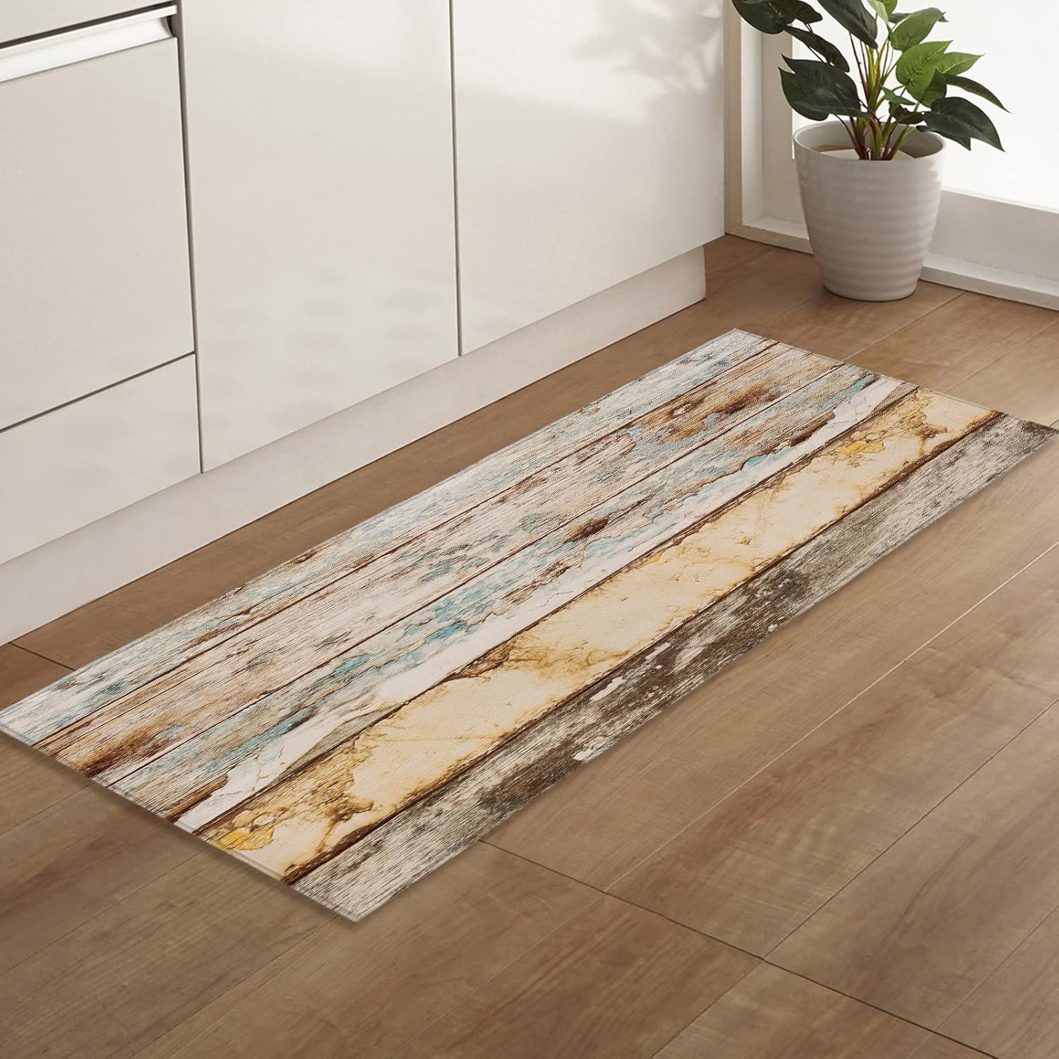 Rustic Wood Front Door Mat, Anti Fatigue Washable Kitchen Floor