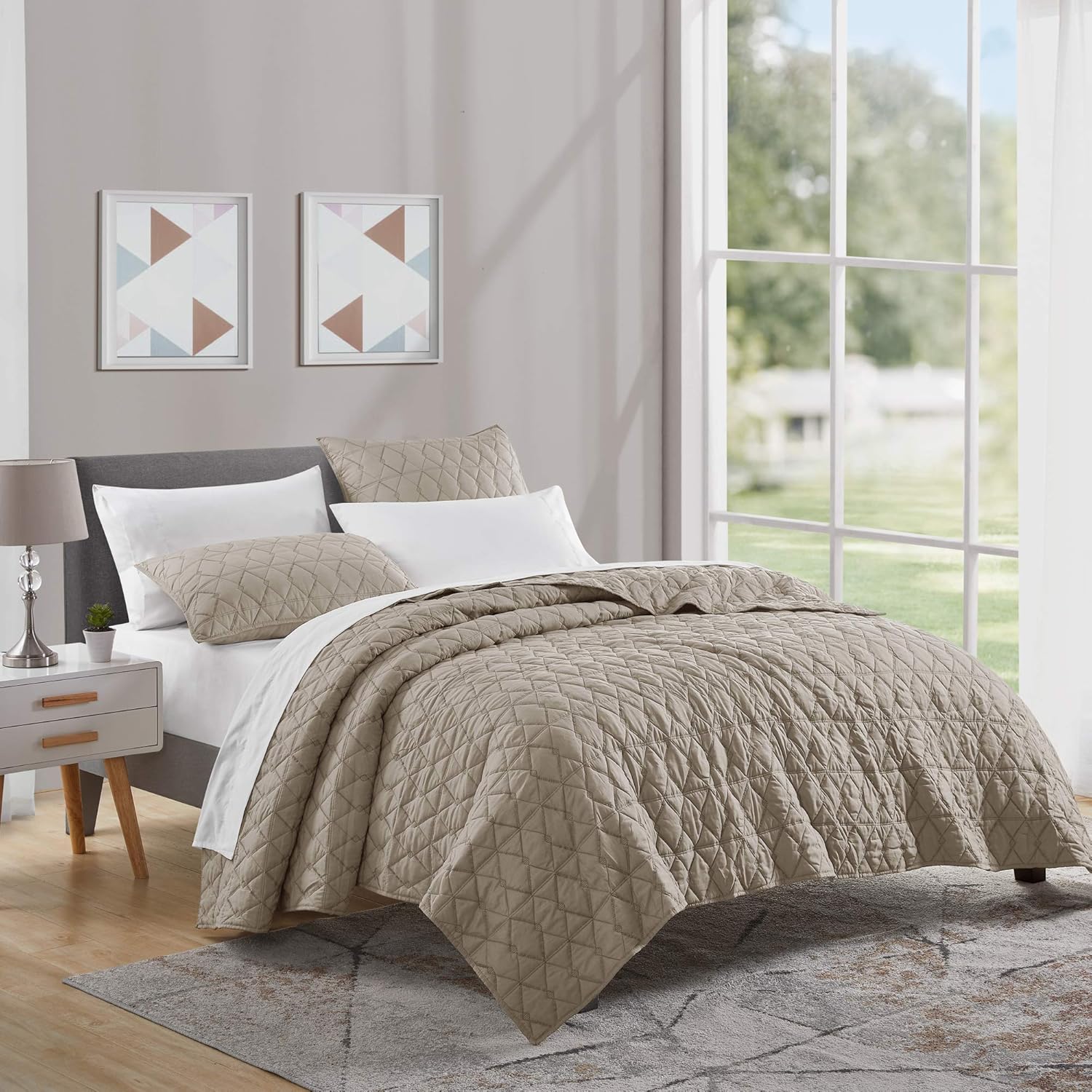 Black Friday 🔥 SHALALA Solid Quilt Set Lightweight Brushed Coverlet Classic Geometric Quilting Bedspread for All Season (Khaki, King)