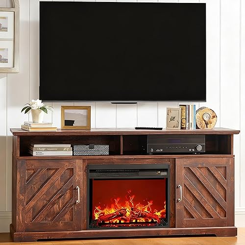 Amada Fireplace TV Stand for TVs up to 65 Inches, Farmhouse Entertainment Center with Fireplace, Open Storage and Cabinet, Rustic Wood Electric Fireplace Media Console for Living Room, Brown