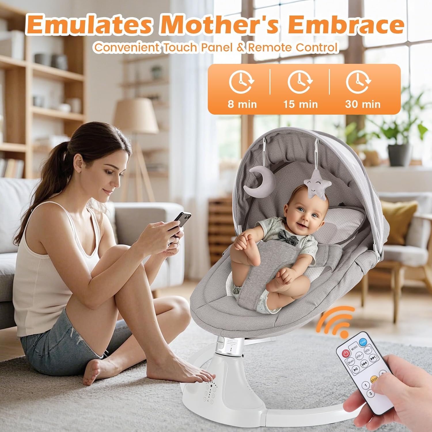 Baby Swing for Newborns 0-6 Months, Electric Infant Swing with Bluetooth & Remote Control, 5-Speed Portable Rocker with 12 Soothing Lullabies, 3-Point Widened Harness, ASTM Certified