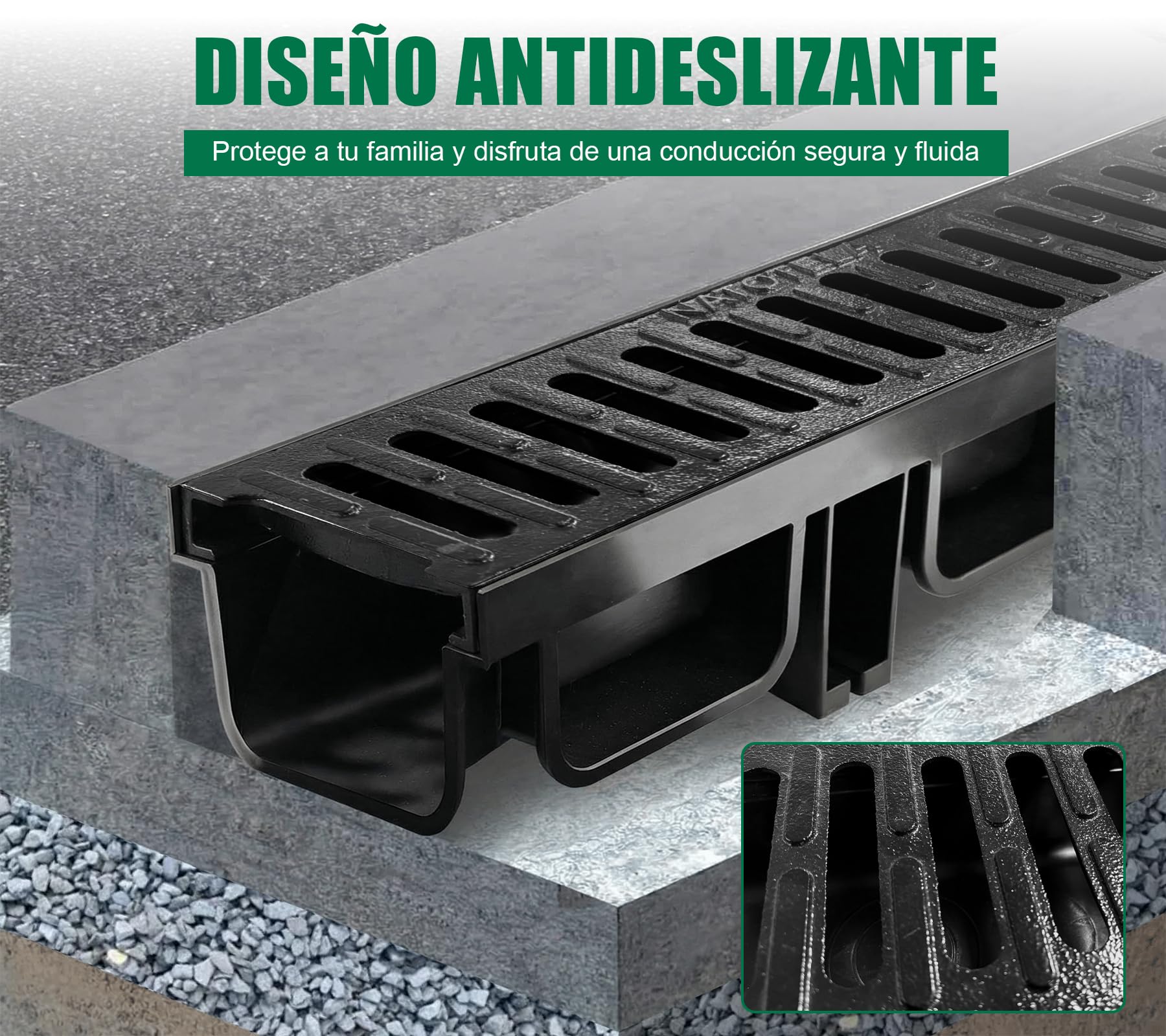 1m Canalón de drenaje con rejilla de fundición B125 GJS soporta hasta 12,5 t - 500 x 140 x 100 mm - Canalón de suelo para drenaje para garaje, entrada de patio, estacionamiento - Resistente a