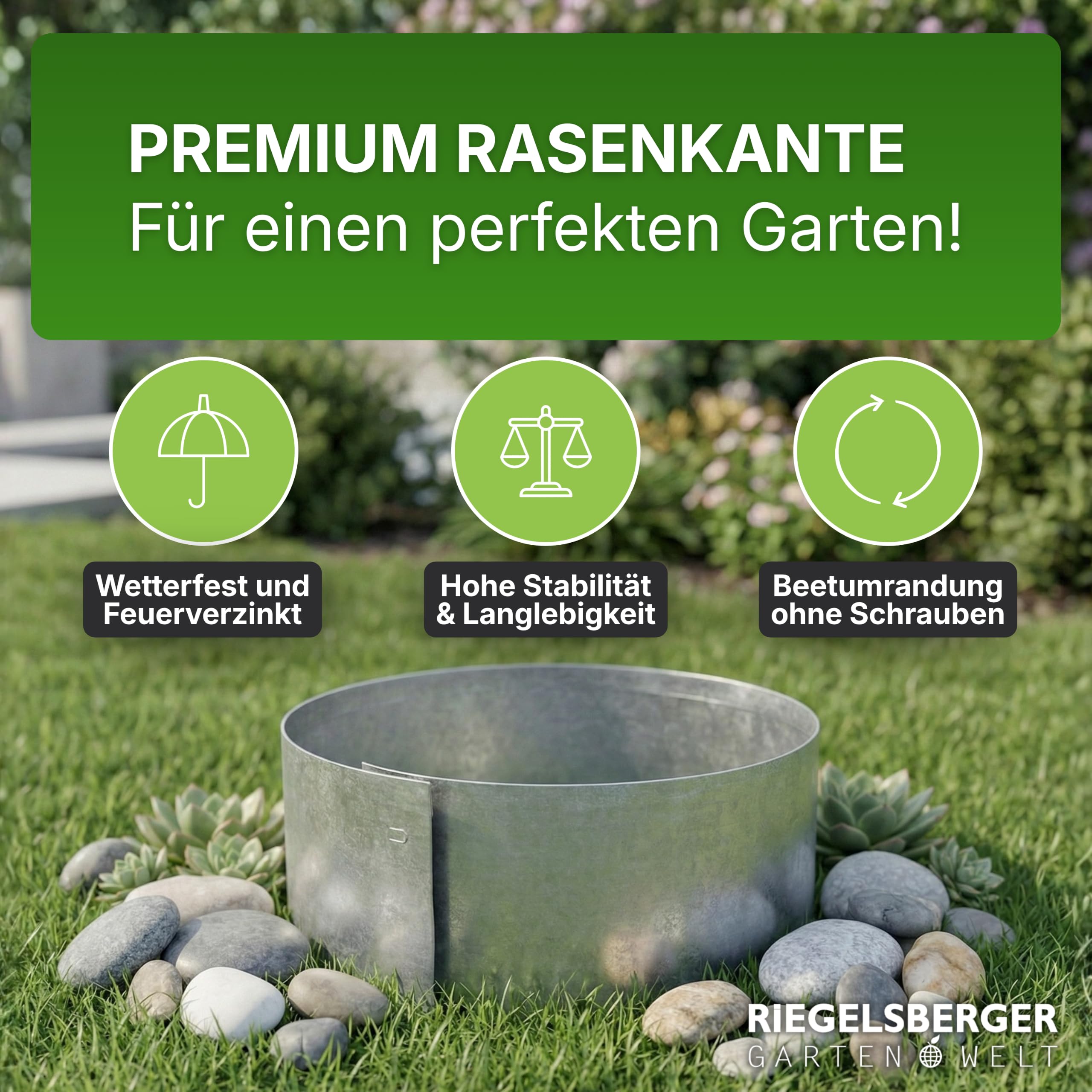 Gartenwelt Riegelsberger Rasenkante Kreis Metall Ø 30 cm – 4 Stück Baumeinfassung aus feuerverzinktem Stahl, Höhe 13 cm, robuste Beetumrandung & Mähkante, silberfarben