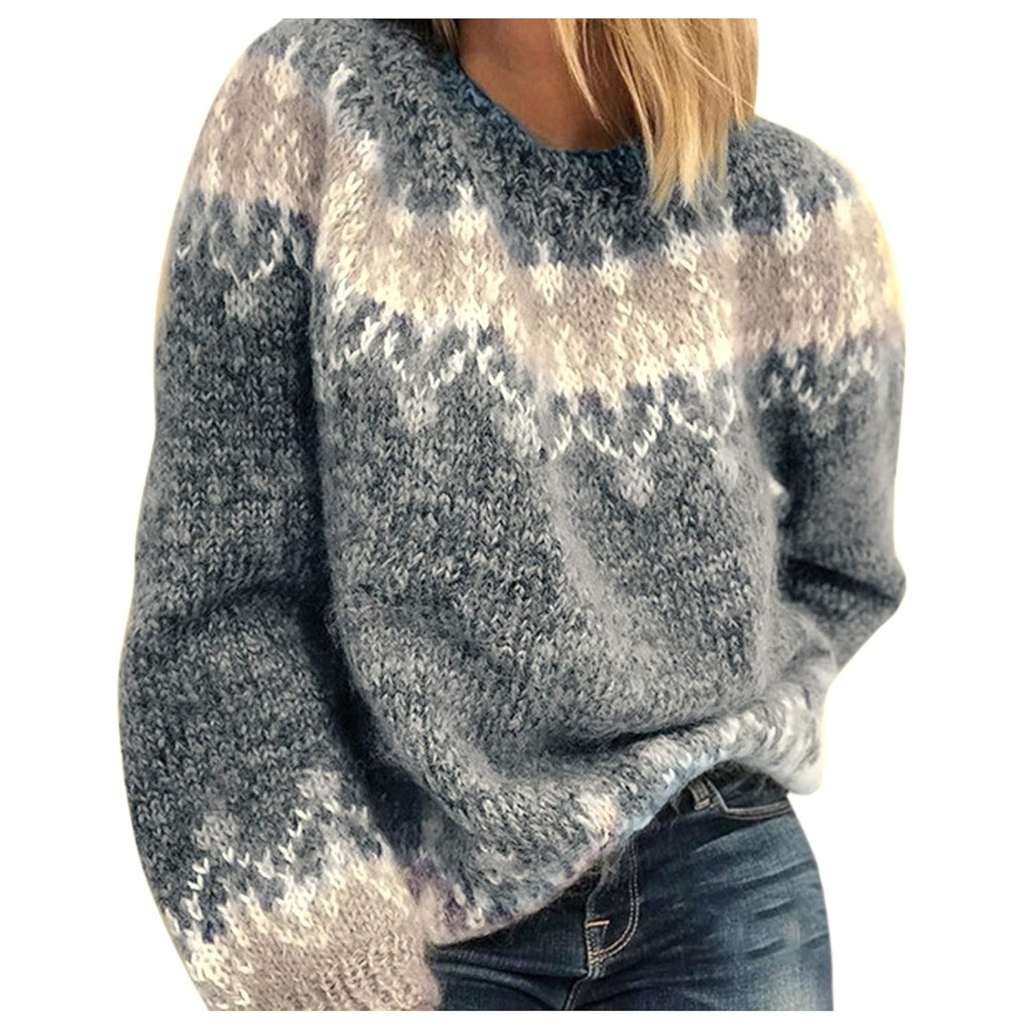 Womens Sweaters Knitted Fair Isle Print Retro Sweater Casual Loose Long Sleeve Shirts Lightweight Cropped Pullover Tops 2025