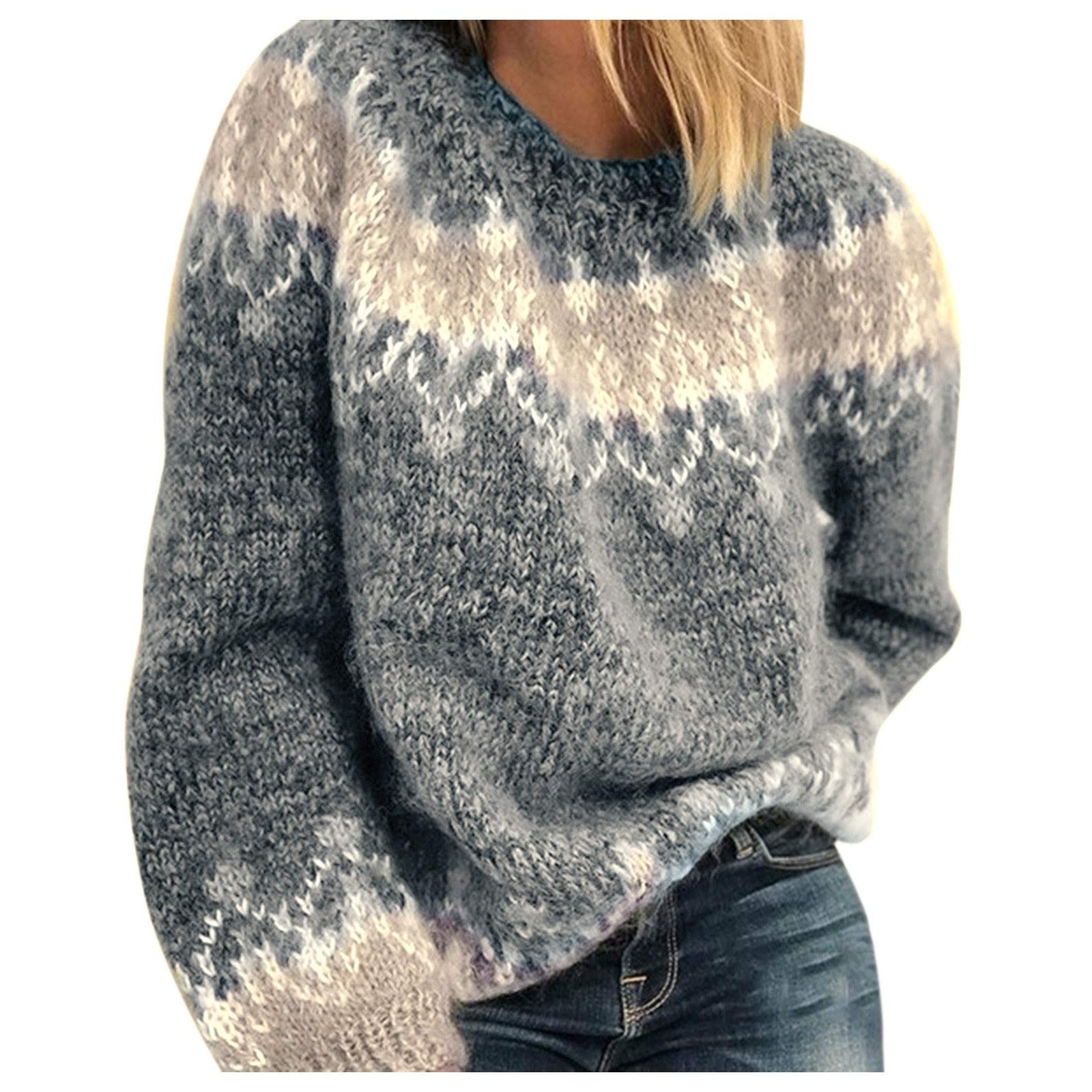 Womens Sweaters Knitted Fair Isle Print Retro Sweater Casual Loose Long Sleeve Shirts Lightweight Cropped Pullover Tops 2025