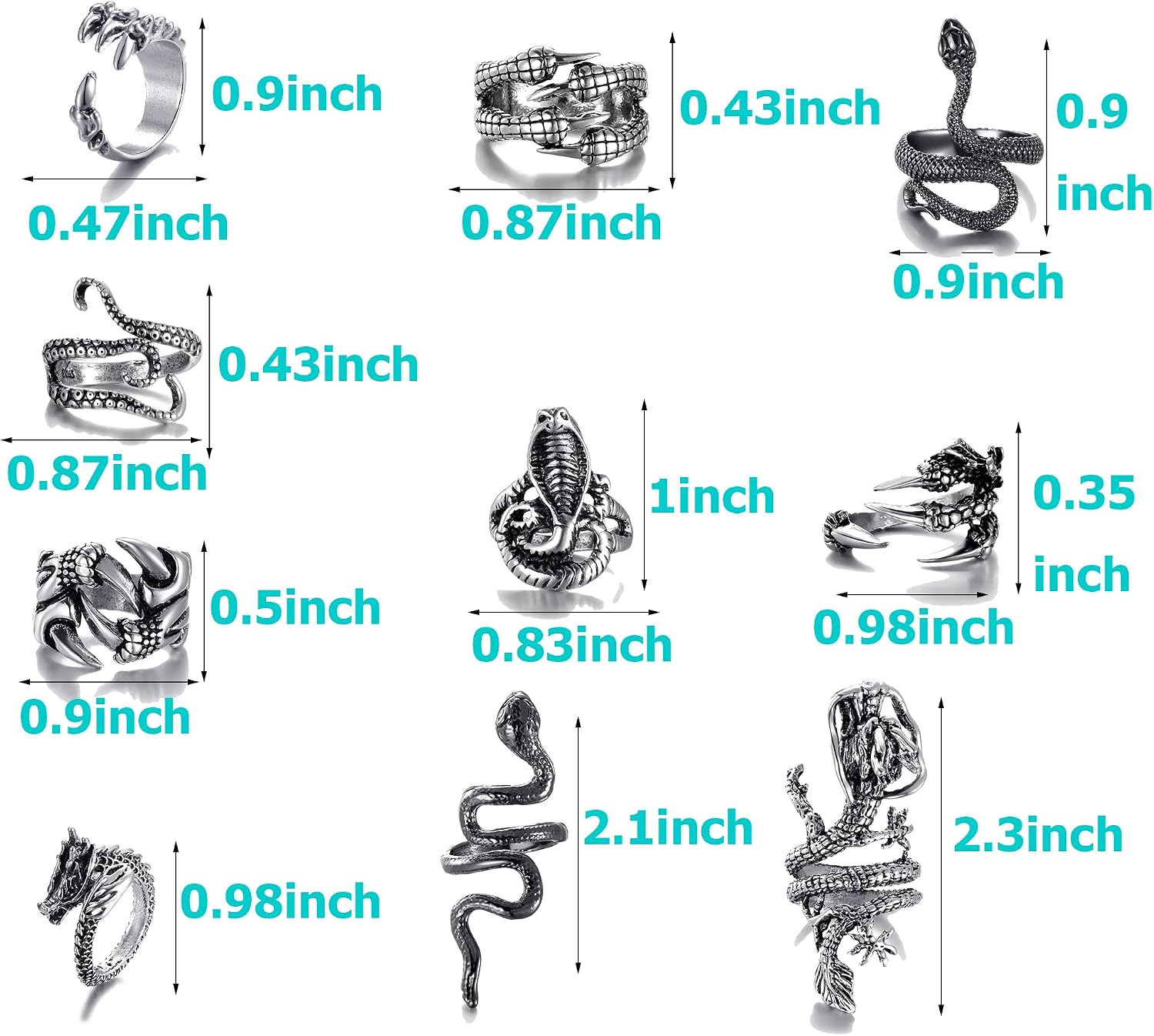 10 Pieces of Vintage Punk Ring Dragon Snake Octopus Adjustable Ring