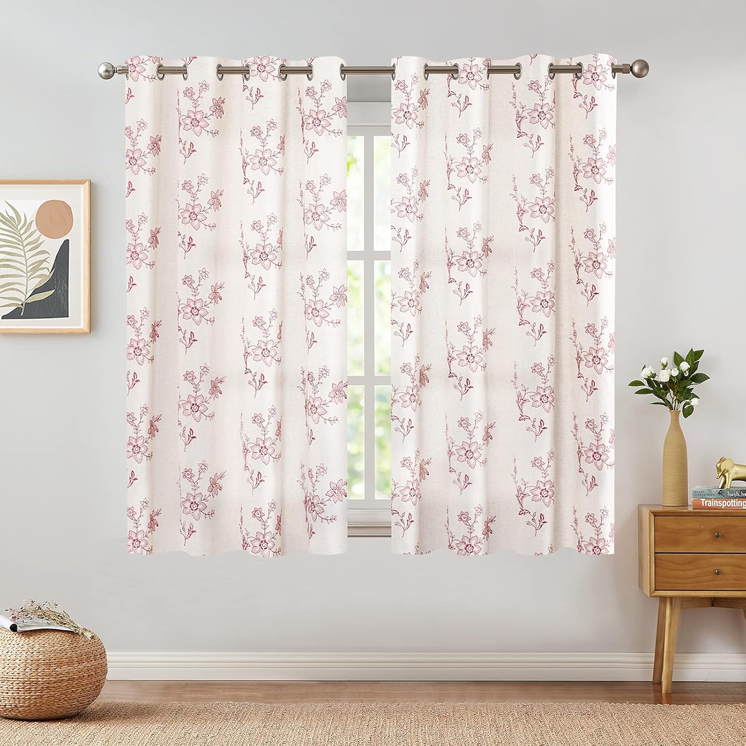 Topick Linen Textured Pink Window Curtains Floral Embroidery Design Living Room Curtain Panels Bedroom Grommet Window Drapes One Pair 63 inch : Home & Kitchen