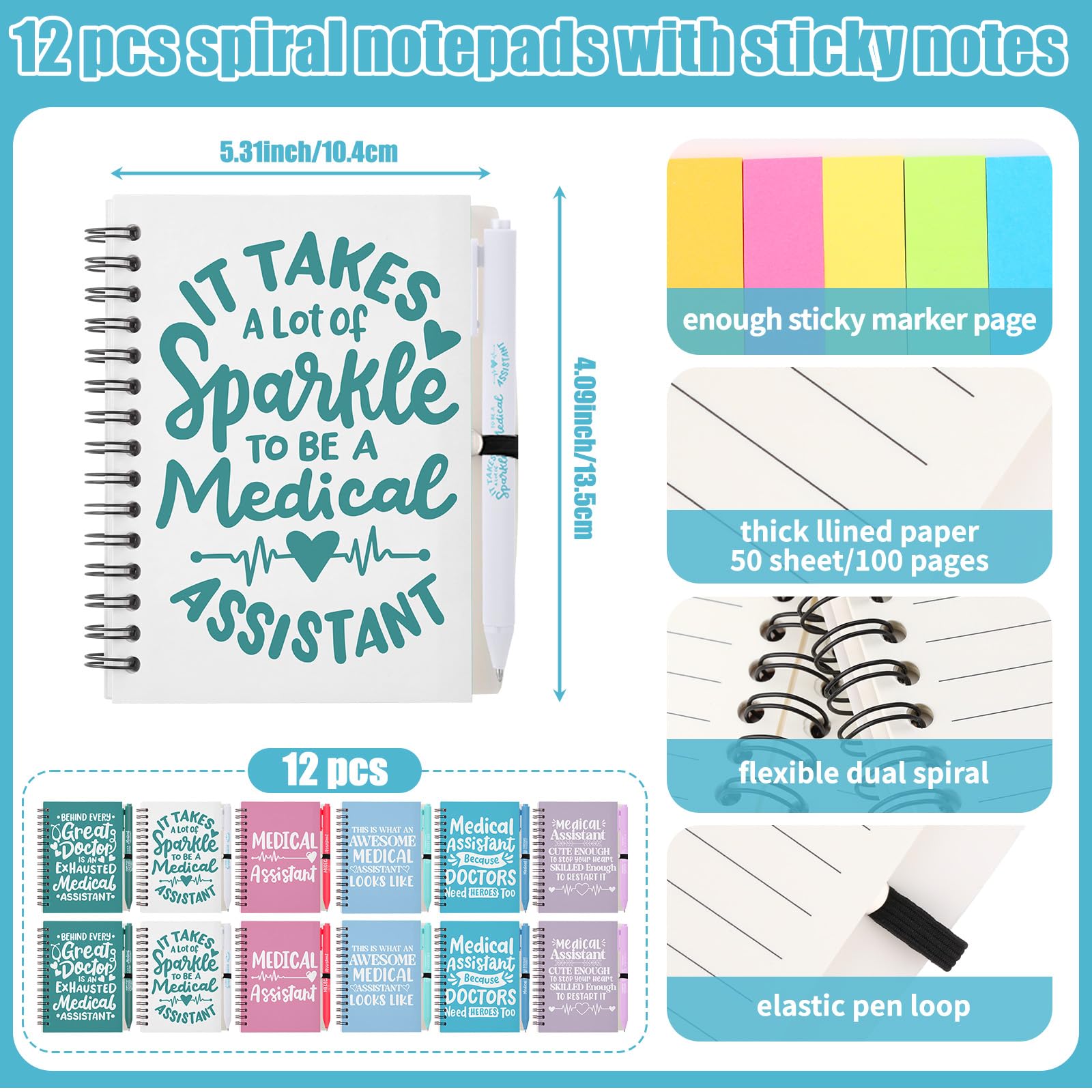 Vesici Lot de 12 carnets à spirales multicolores en papier kraft avec notes adhésives pour infirmières, collègues, personnel médical, fournitures de bureau