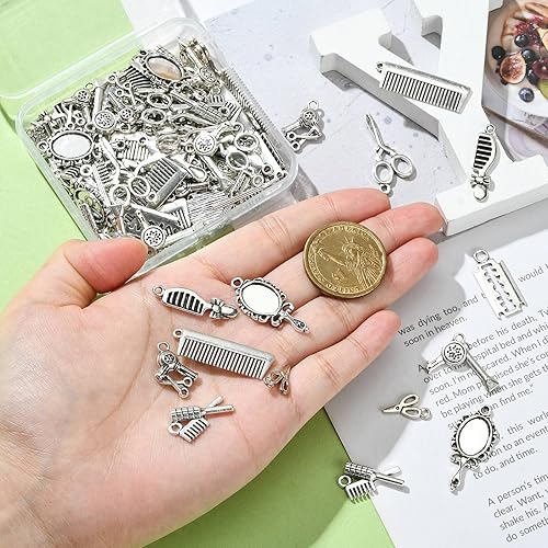 Miniatura 3 de KitBeads 100 dijes de peluquero tibetano de estilos mixtos para peine y tijeras, dijes vintage para secador de pelo, para hacer joyas, pulseras a