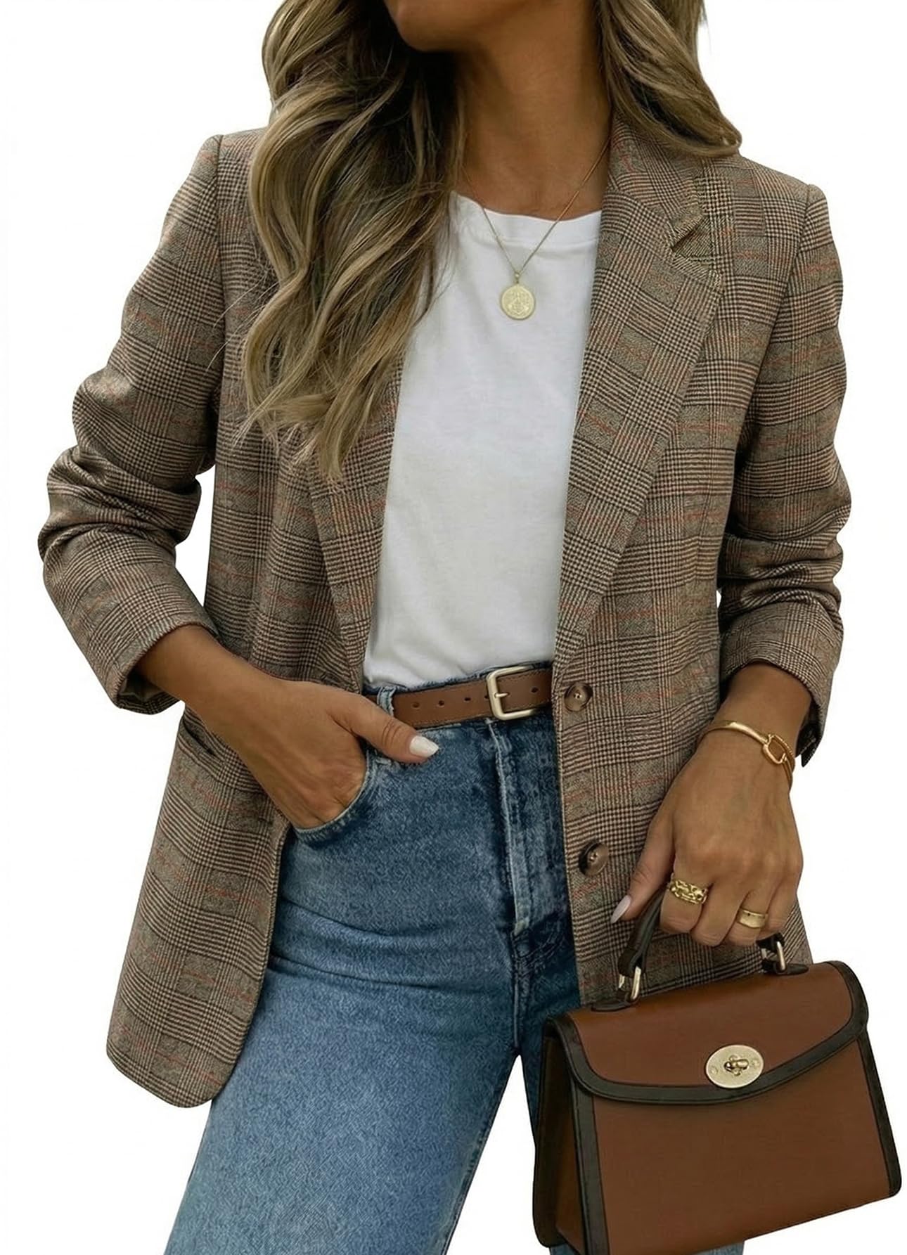 mina self 2026 Summer Women's Blazer Plaid & Solid - Lightweight Notched Lapel Dressy Casual Work Office Jackets with Pockets-picture-10