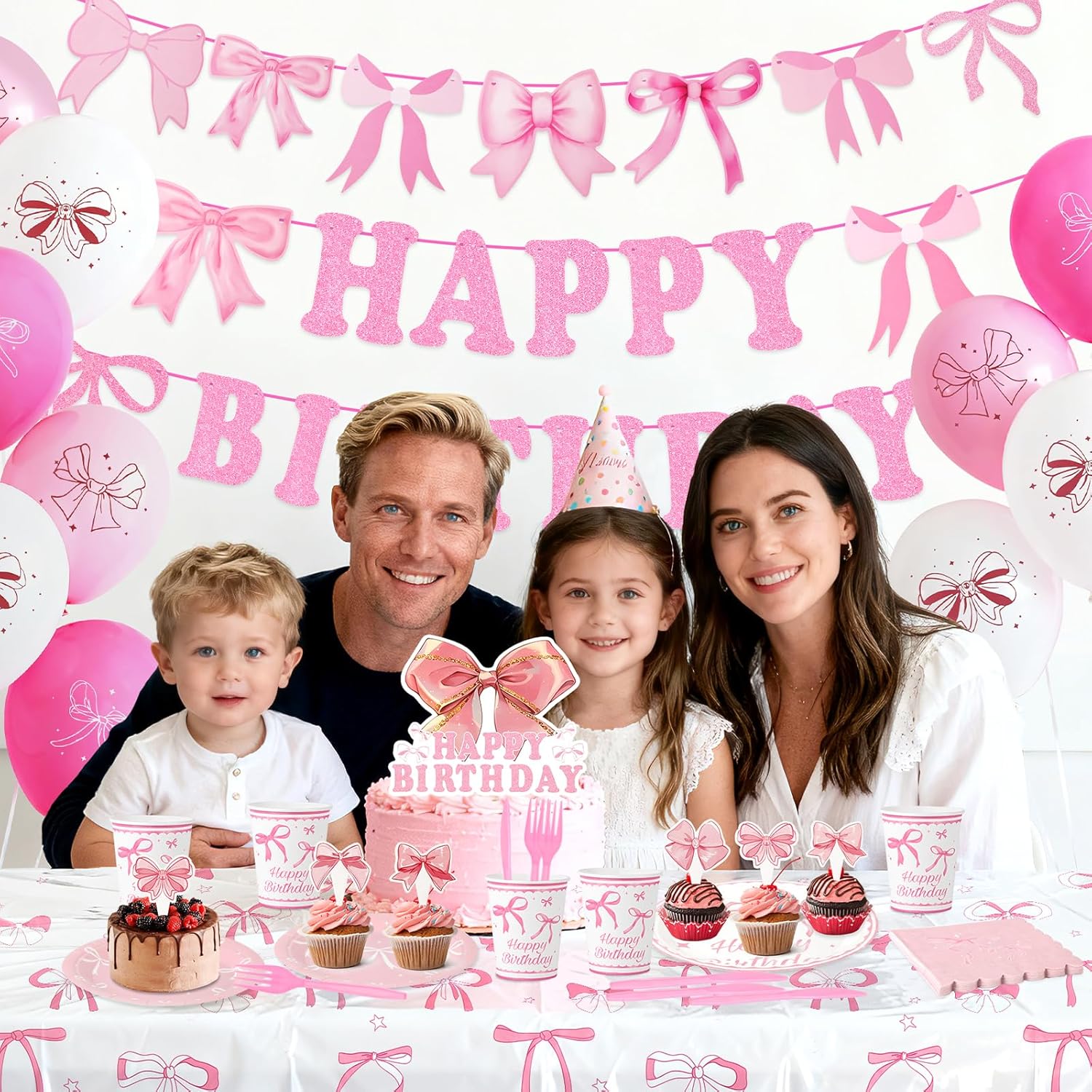 Pink Bow Birthday Party Supplies 160Pcs Coquette Birthday Decorations Include Bow Plates Balloons Banner Tablecloth Cake Topper Napkins Cups Tableware for Girls Bachelorette Decor,Serves 20
