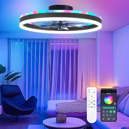 RGB Ceiling Fans with Lights, 20" Fandelier Low Profile Ceiling Fan with Light, Modern Flush Mount Ceiling Fan Light with Remote/APP Control, Bedroom Chandelier Fan Fixture for Indoor(Black)