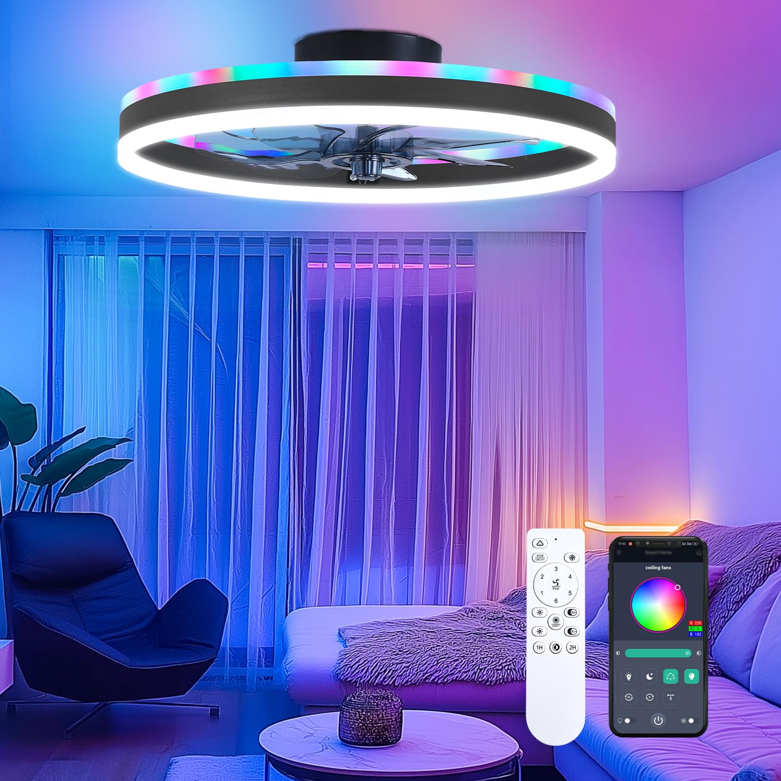 RGB Ceiling Fans with Lights, 20" Fandelier Low Profile Ceiling Fan with Light, Modern Flush Mount Ceiling Fan Light with Remote/APP Control, Bedroom Chandelier Fan Fixture for Indoor(Black)