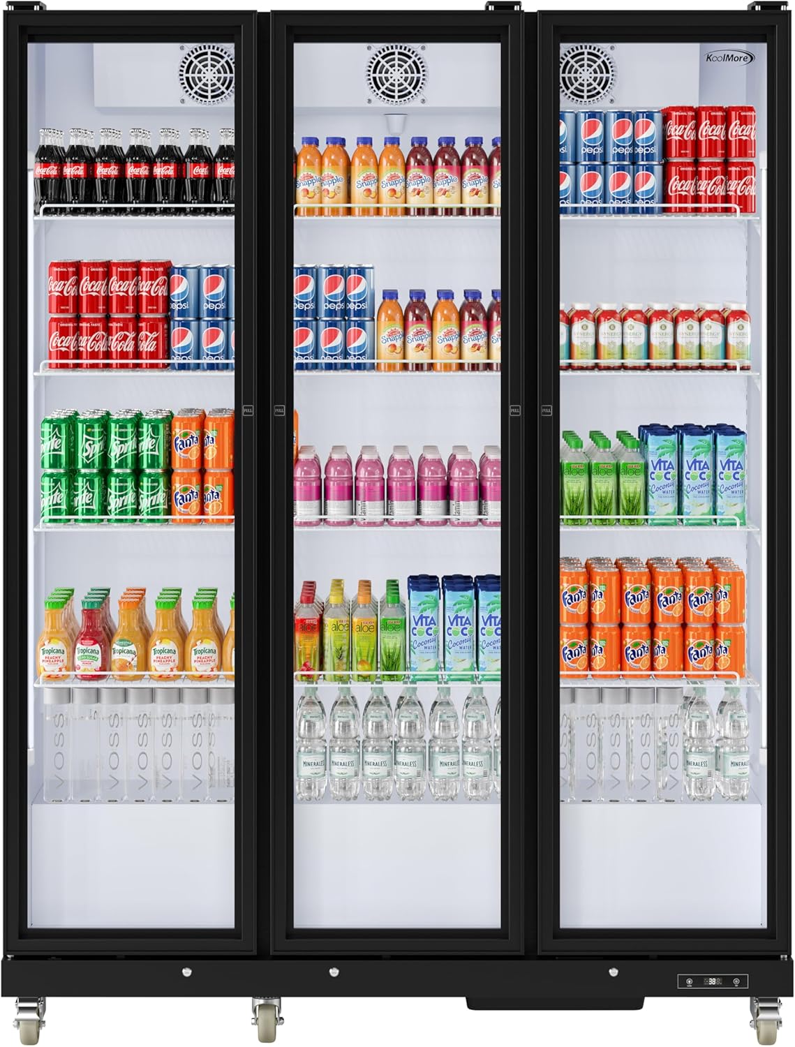 KoolMore KM-MDR-3FGD commercial merchandiser refrigerator with three glass doors, filled with various drinks.