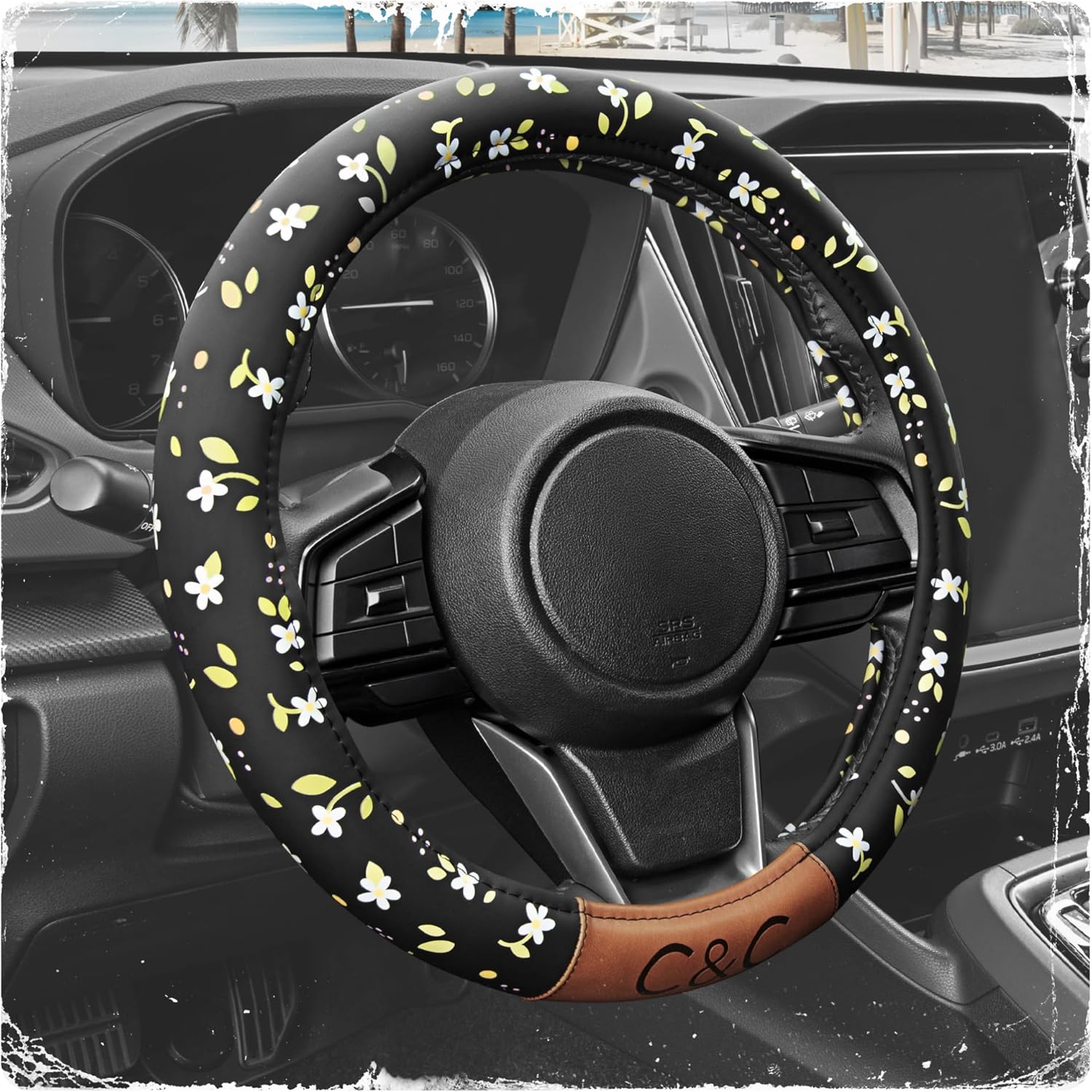 BDK C&C California Car Steering Wheel Cover Floral Daisy Flowers, Non Slip Black Leather Steering Wheel Cover for Women, Cute Comfortable Soft Easy Installation Universal Fit (Fits 14.5"-15.5" Inches)
