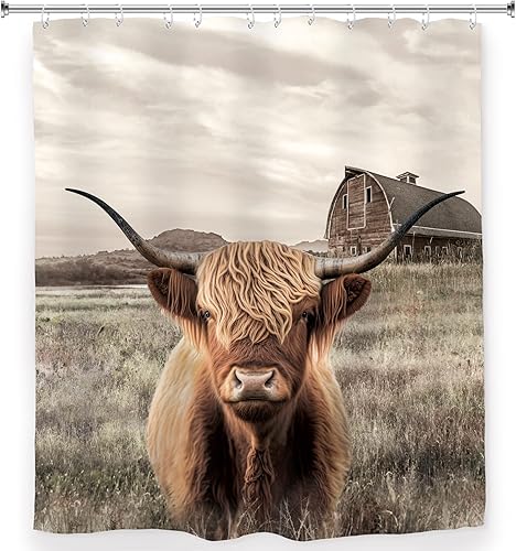 Miniatura 6 de AMBZEK Cortina de ducha de vaca de las tierras altas de 72 pulgadas de ancho x 72 pulgadas de largo, diseño rústico de toro occidental de granja,