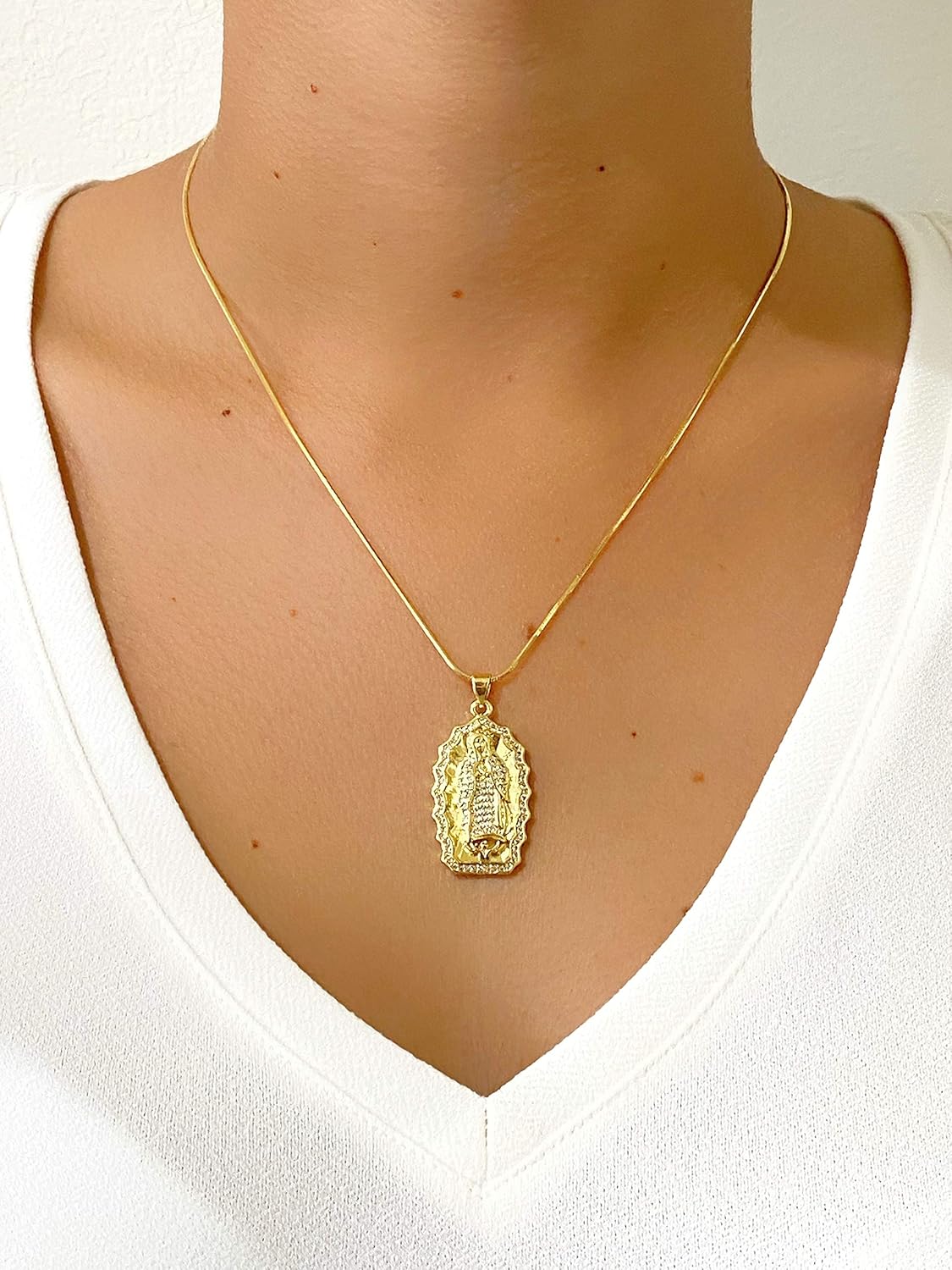 LESLIE BOULES Guadalupe 18K Gold Plated Pendant Necklace for Women Snake Chain Religious Jewelry