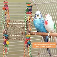 Vista 3 de Juguete de pared de forrajeo de pájaros, juguetes para masticar loros, hamaca tejida de hierba marina con cuerdas de colores, bloques de madera