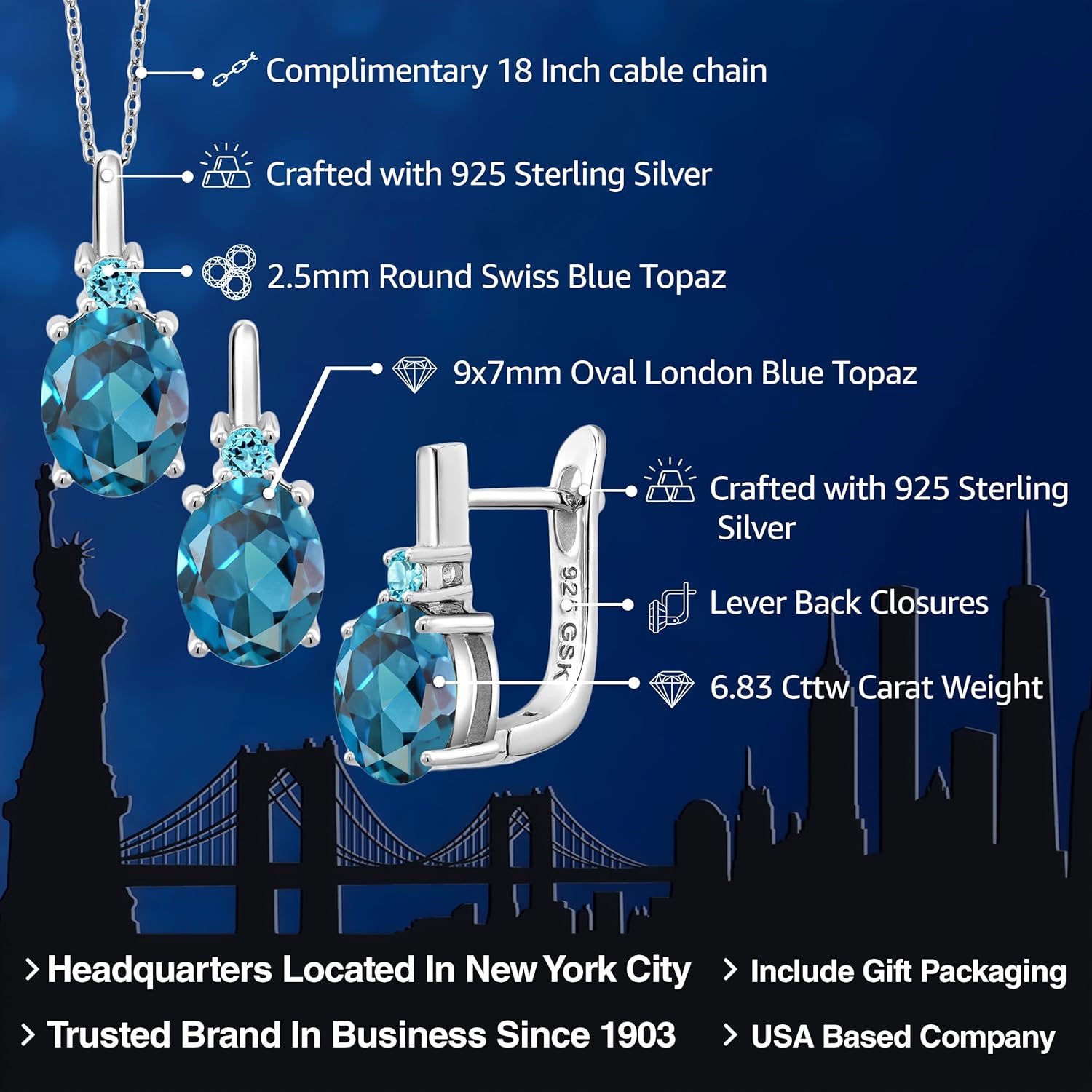 Gem Stone King Gemstone Birthstone and Swiss Blue Topaz Pendant and Earrings Jewelry Set for Women in 925 Sterling Silver | Oval 8X6MM and Round 2.5MM | Fine Jewelry Set for Her Mom Women Wife | With