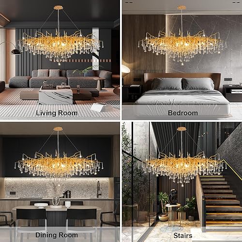 Miniatura 6 de Candelabro rectangular de cristal moderno de 47 pulgadas, lámpara de araña de gota de lluvia de rama dorada para techo alto, comedor, vestíbulo