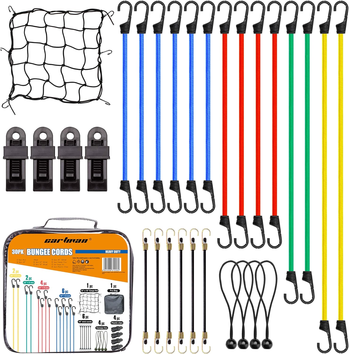 Cartman Bungee Cords Assortment 30 Piece in Carry Bag 10 18 24 32 40 inch