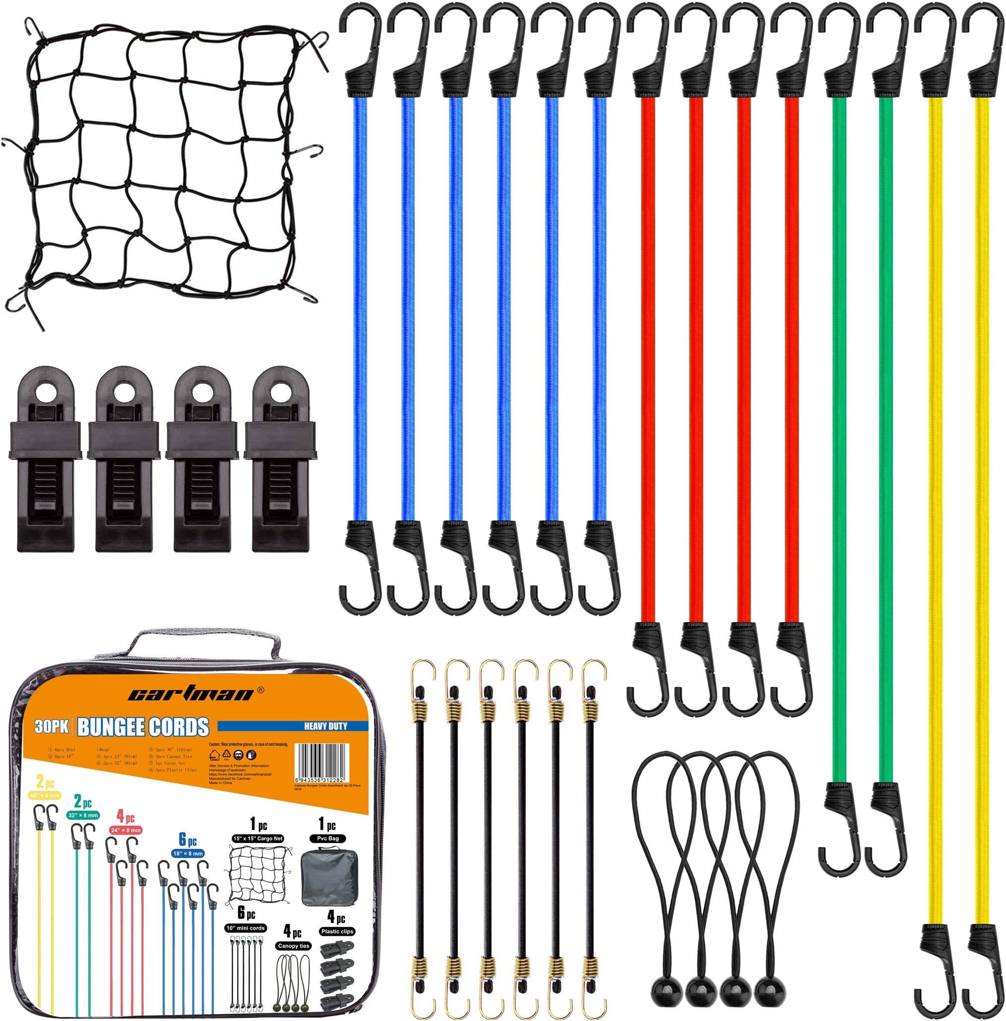 Cartman Bungee Cords Assortment 30 Piece in Carry Bag, Includes 10", 18", 24", 32", 40" Bungee Cord and 8" Canopy Tarp Ball Ties, Plastic Clips