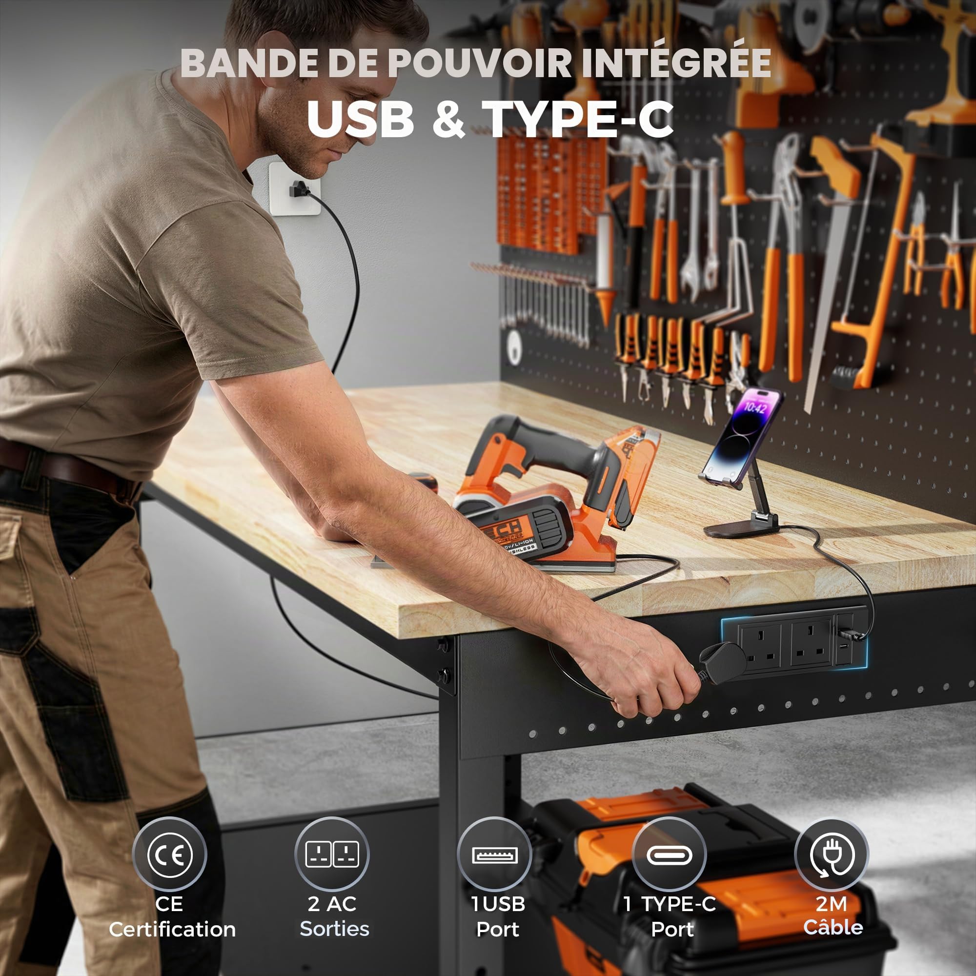 Établi Atelier Garage avec Table de Travail 122 x 60 cm | Charge de 907 kg, Plateau en Bois de Caoutchouc, 10 Hauteurs Réglables, Panneau Perforé avec Éclairage LED