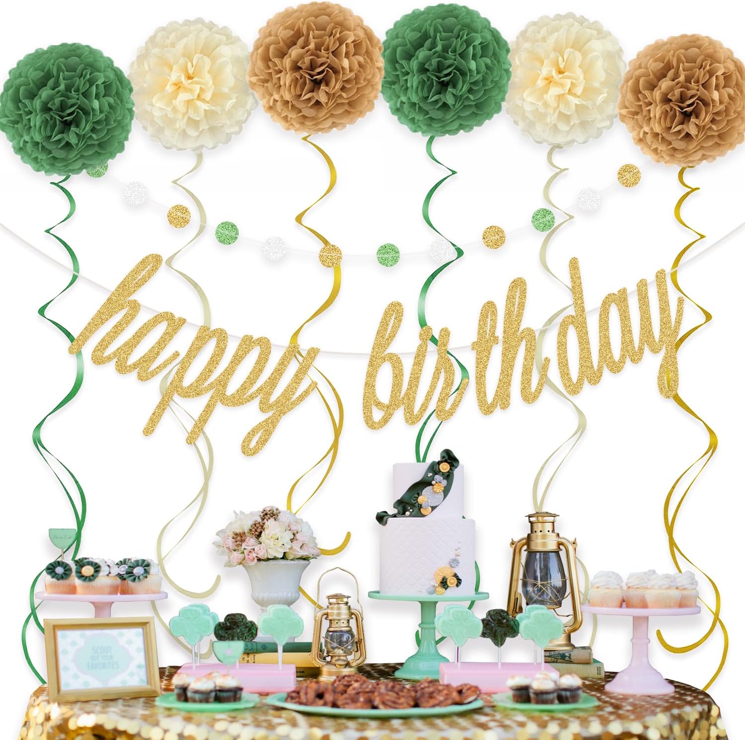 KOKAR Gold Sage Green Happy Birthday Decorations – Gold Happy Birthday Banner, Paper Pom Poms, Hanging Swirls and Glitter Circle Dots Garland for Birthday Party Decorations - Image 4