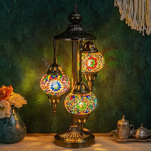Marrakech Turkish Lamp 3 Globes Moroccan Table Lamp with Bronze Base, 23" Tall Handmade Colorful Tiffany Mosaic Glass Night Light Fixture Including LED Bulb for Living Room Bedroom Decor - Colorful