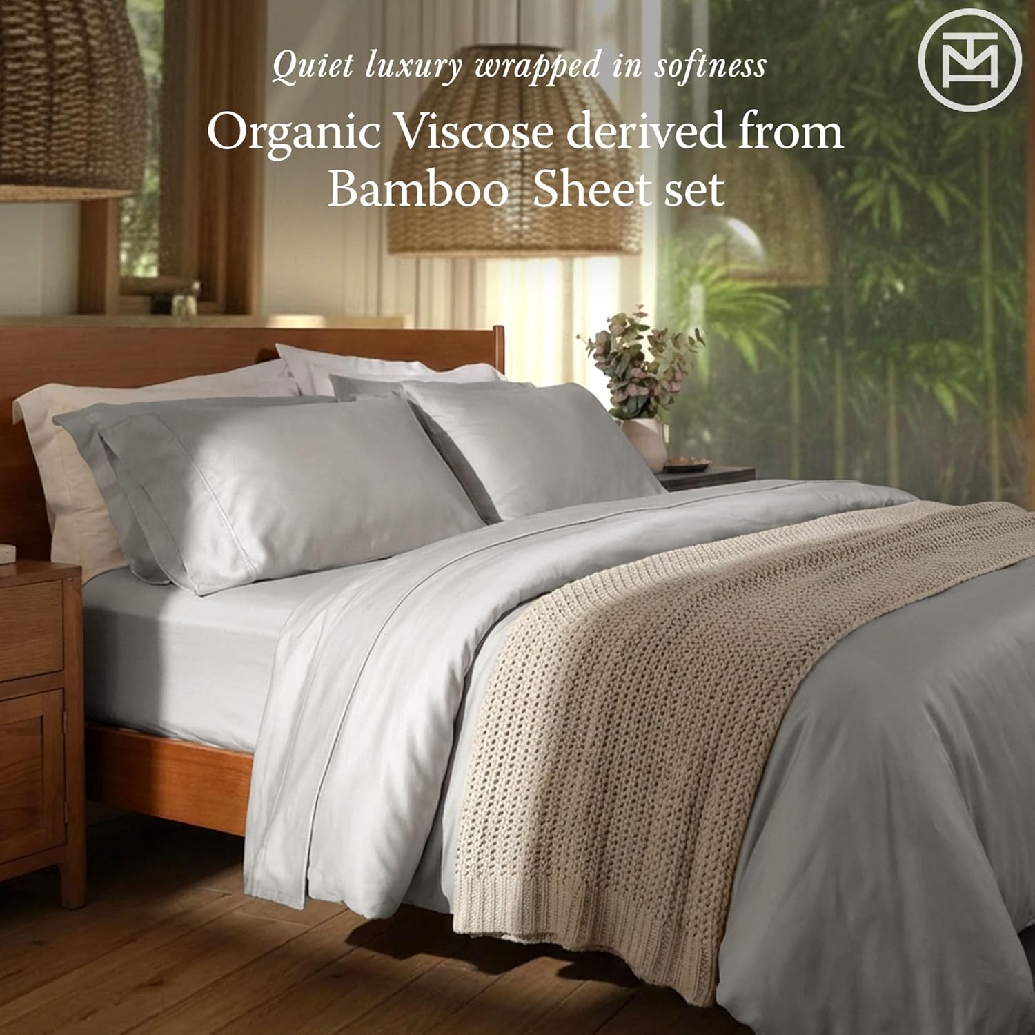 Threadmill Luxury Viscose Made from Bamboo Sheets King Size | Hotel Like Soft with Deep Pockets Breathable and Cooling for Mattress Bedding Light Grey