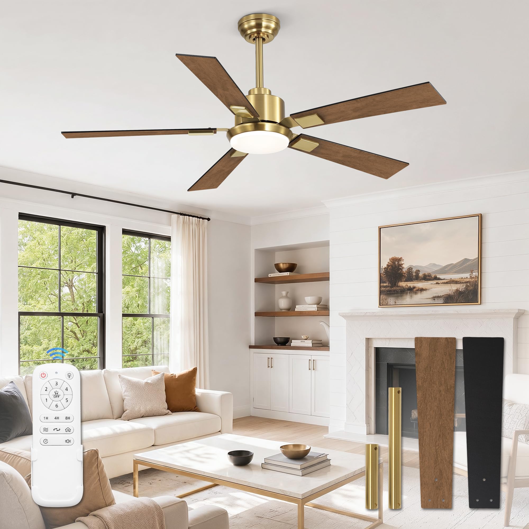 ZMISHIBO 52” Mid Century Ceiling Fan with Light, Remote, Black and Gold