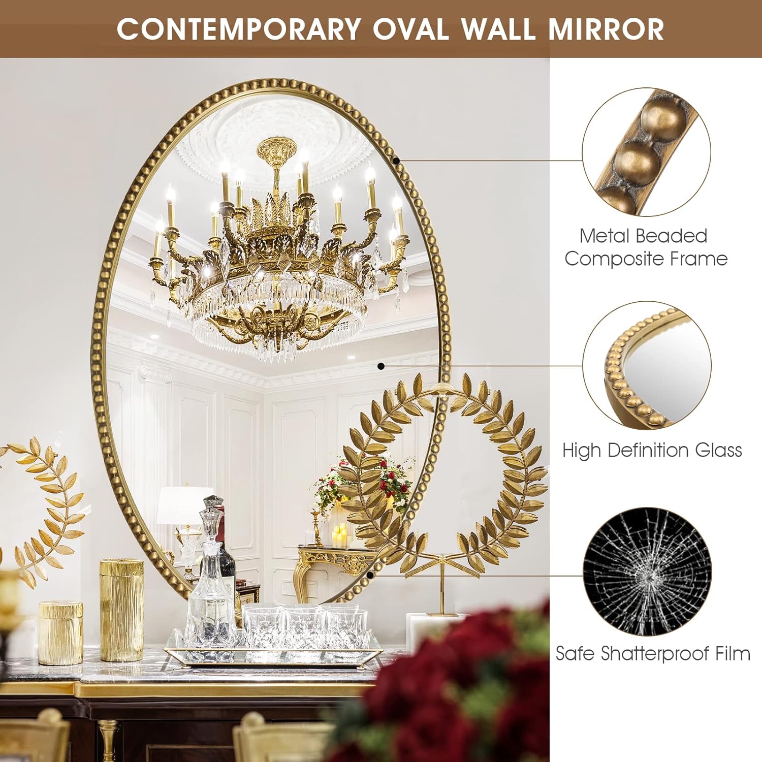 Oval Wall Mirror for Bathroom, 26"x39" Antique Gold Metal Beaded Frame Decorative Accent Mirror, Large Hanging Vanity Mirror for Bedroom, Living Room, Entryway 26"L x 39"W Gold Oval