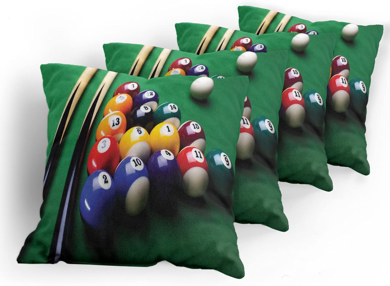Lunarable Manly Throw Pillow Cushion Case Pack of 4, Billiard Pool Balls Arrangement Snooker Contest Beginning Entertainment Game Print, Modern Accent Double-Sided Digital Printing, 24", Red Green