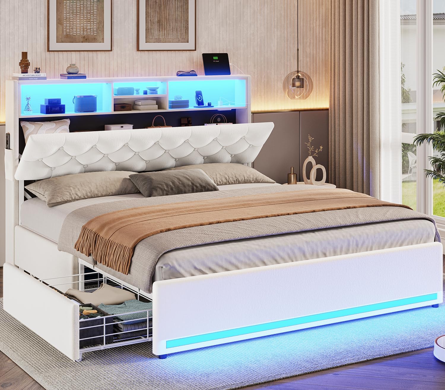 Image of a white storage bed showing storage drawers beneath the bed and behind the headboard.