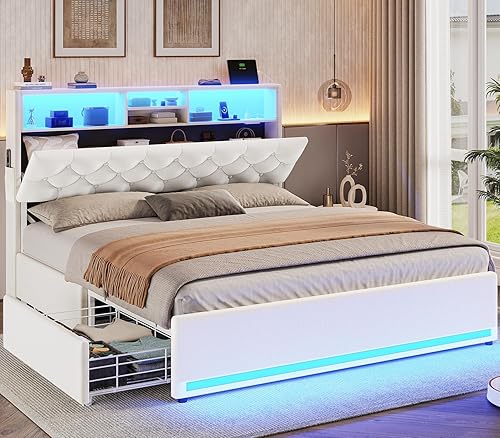 Miniatura 13 de BTHFST Base de cama Queen con 4 cajones y cabecera de almacenamiento oculta, marco de cama LED tamaño Queen con estación de carga, cama tapizada con