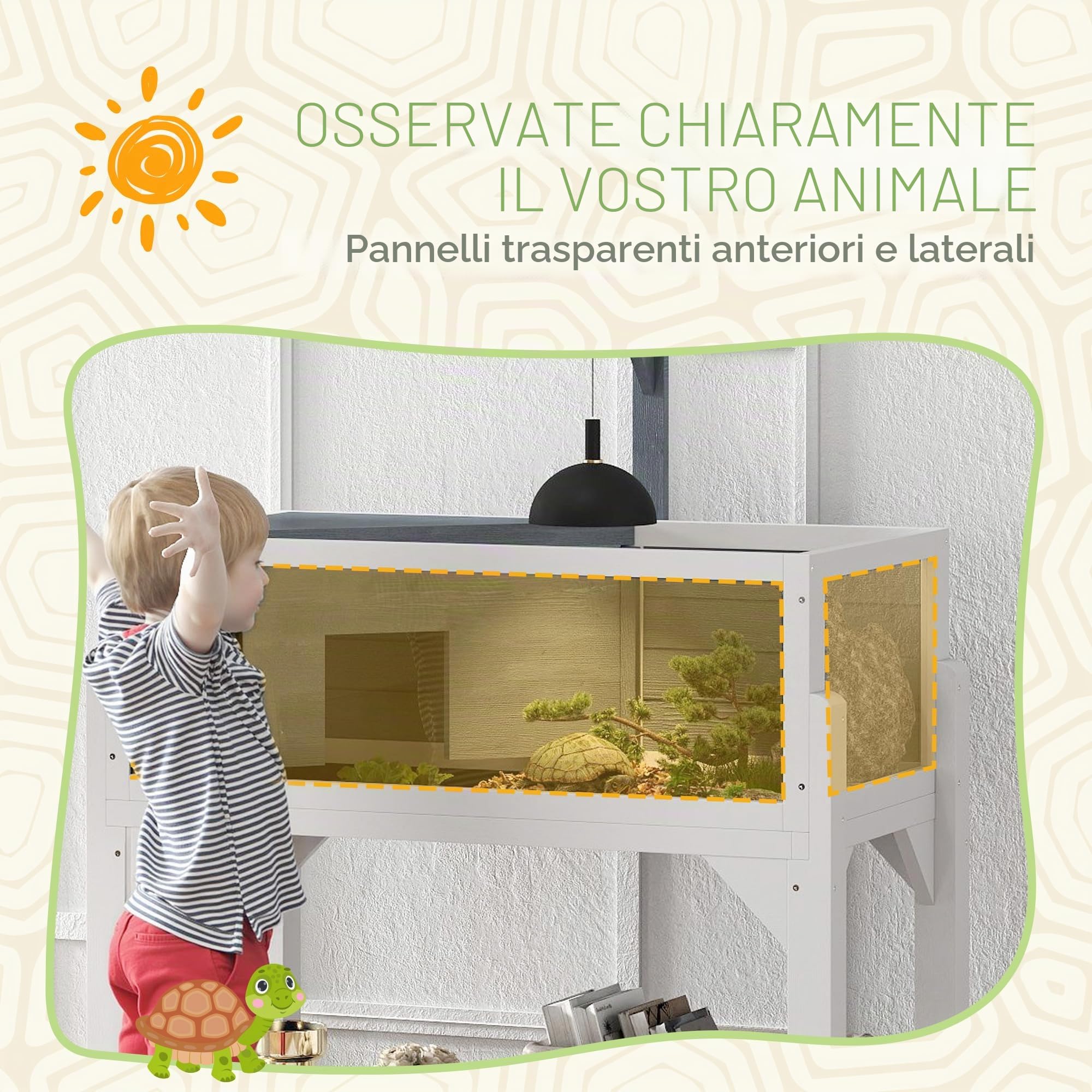 PawHut Casa per tartarughe su piedini a 2 zone - terrario per tartarughe terrestri con tetto apribile e zona interattiva - recinto 90 cm, supporto lampada, vista panoramica e ripiano - grigio