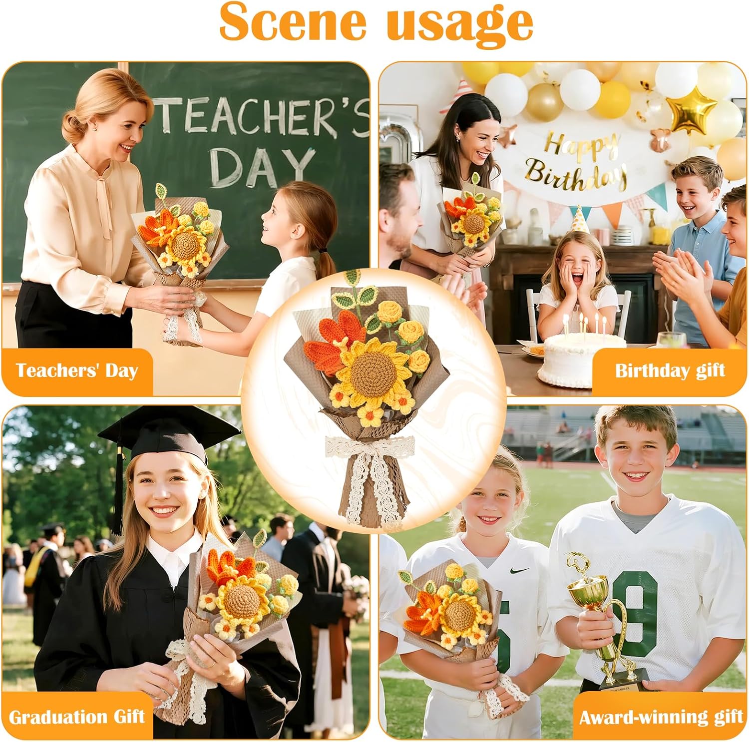 Serwalin Crochet Flower Bouquet, Crochet Sunflower, Handmade Knitted Flowers, Artificial Tulips Rose Flowers for Mother's Day Graduation Teacher Anniversary Birthday Gifts for Her(Include Card)