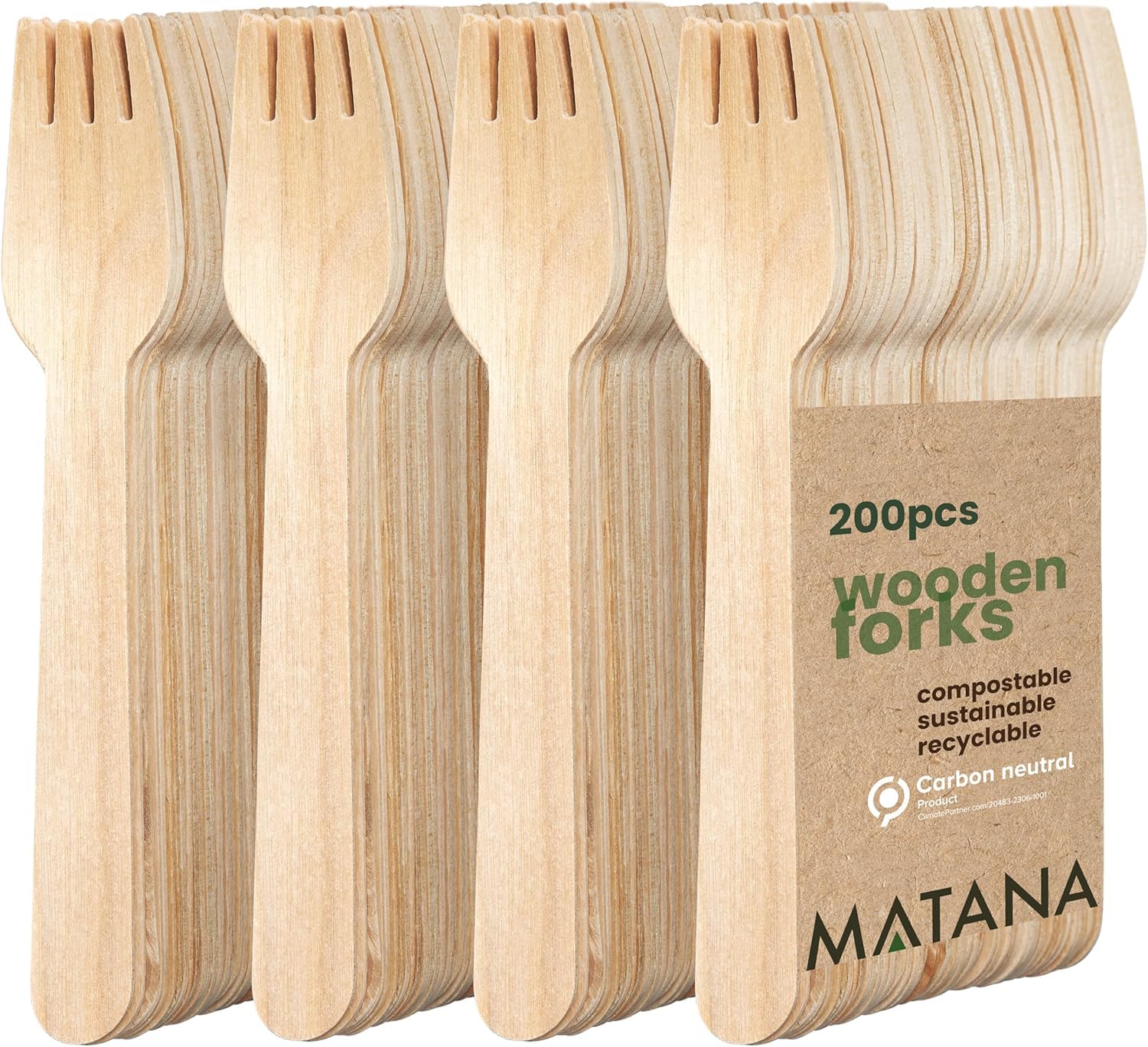 MATANA - 100% Natural Disposable Bamboo Wooden Forks 5.5" Inch (200 Pack) - Compostable Cutlery, Biodegradable Utensils for Garden Parties & Summer Events