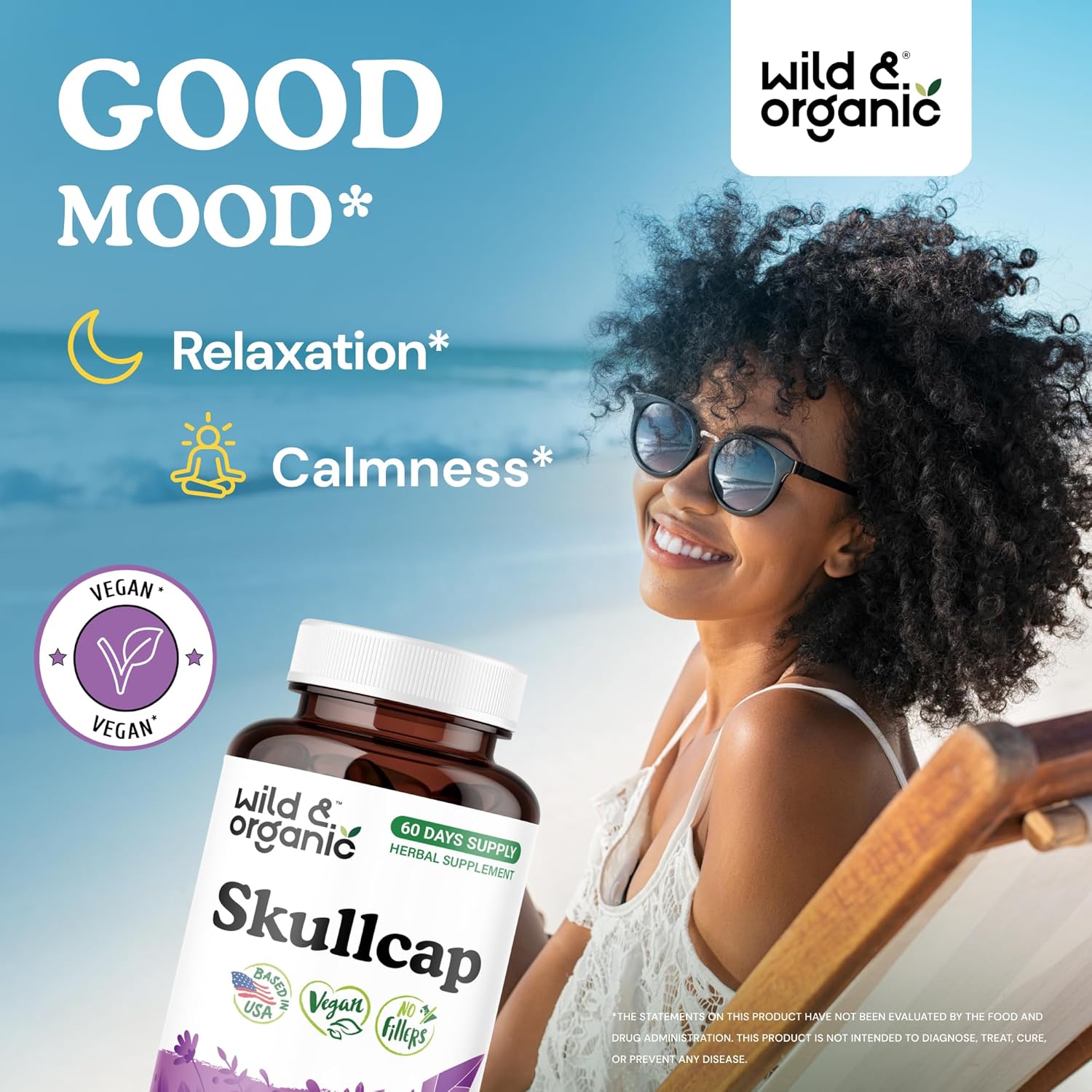 Wild & Organic Skullcap Herb Capsules 1200 mg - Calming Skullcap Supplement - 120 Capsules - Scutellaria Lateriflora Leaf Extract - 2-Month Supply - Vegan, No Fillers, Non-GMO