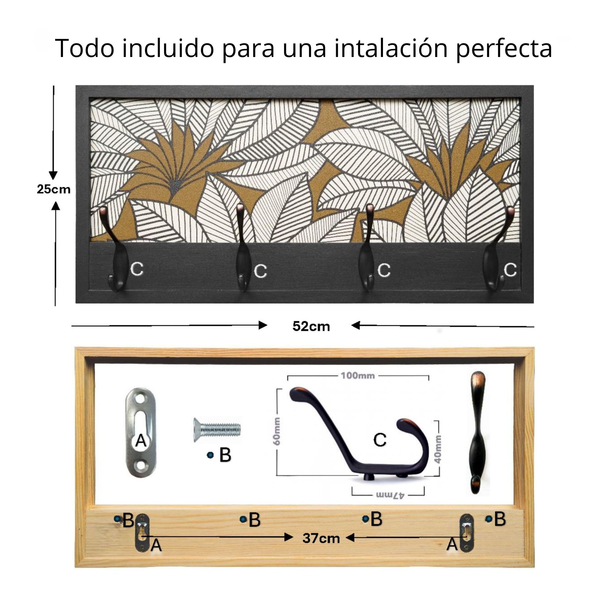Perchero Pared Madera 52x25cm Minimal Negro 4 Ganchos