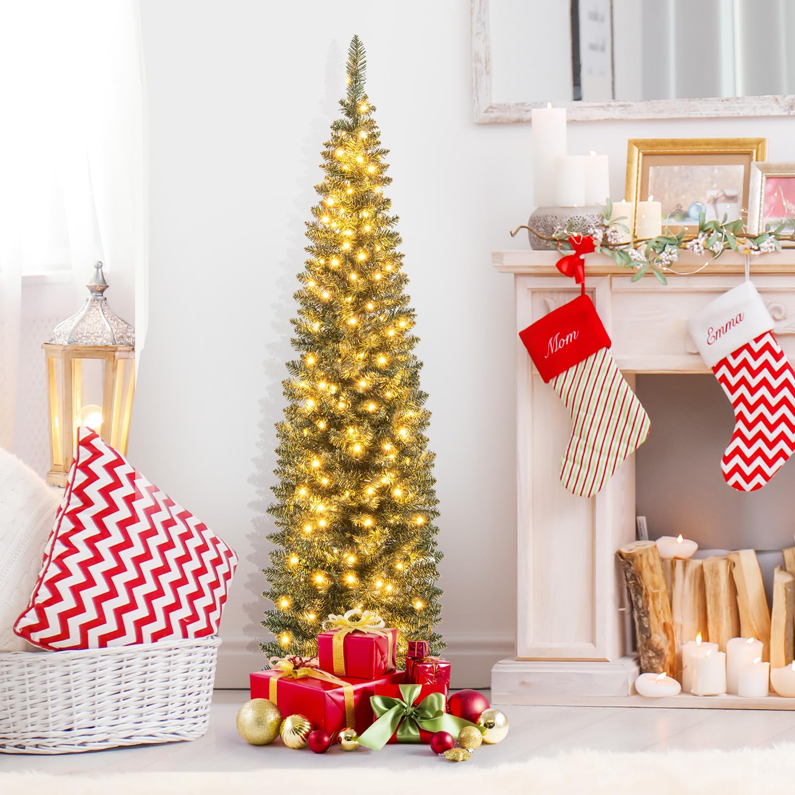 COSTWAY Sapin de Noël Artificiel de 180 cm Lumineux LED, 390 Branches, 180 lumières LED Blanc Chaud, Support en métal Pliable, décoration hivernale, pour la Maison, Le Bureau