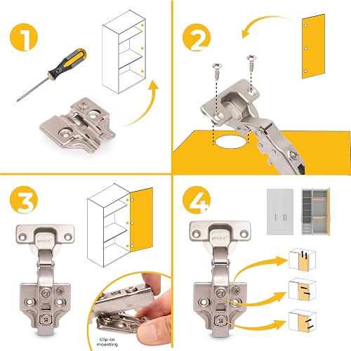 Emuca - Kit of 20 Full Overlay Hinges X91. Ø35mm. 105° Opening, Soft Closing for Overlapping Doors and Screw-on Supplements with Eccentric Adjustment - 4