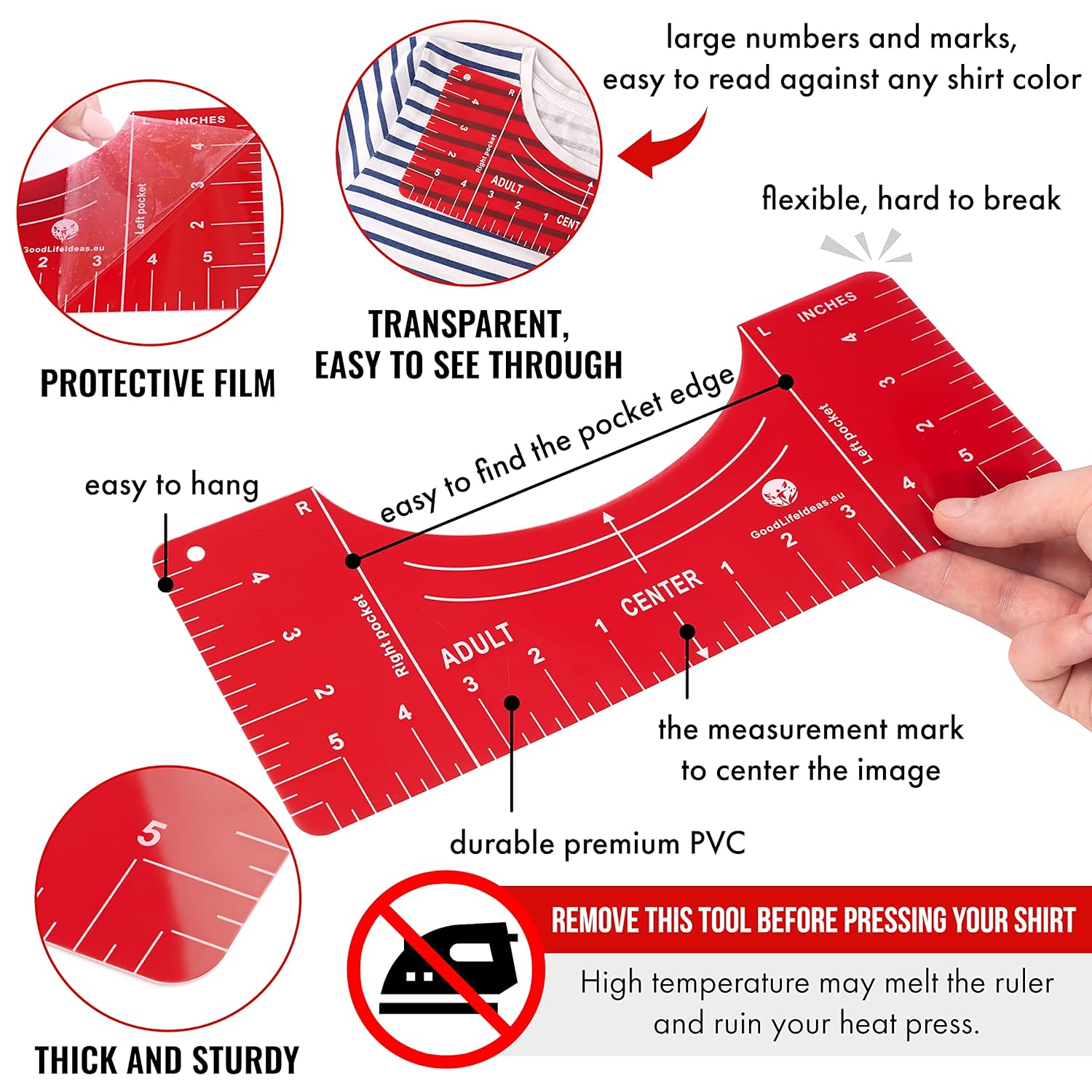 Tshirt Ruler Guide for Vinyl Alignment - T Shirt Ruler Guide for Heat Press, Shirt Measurement Tool for Heat Press, T-Shirt Ruler Centering Guide with Stickers