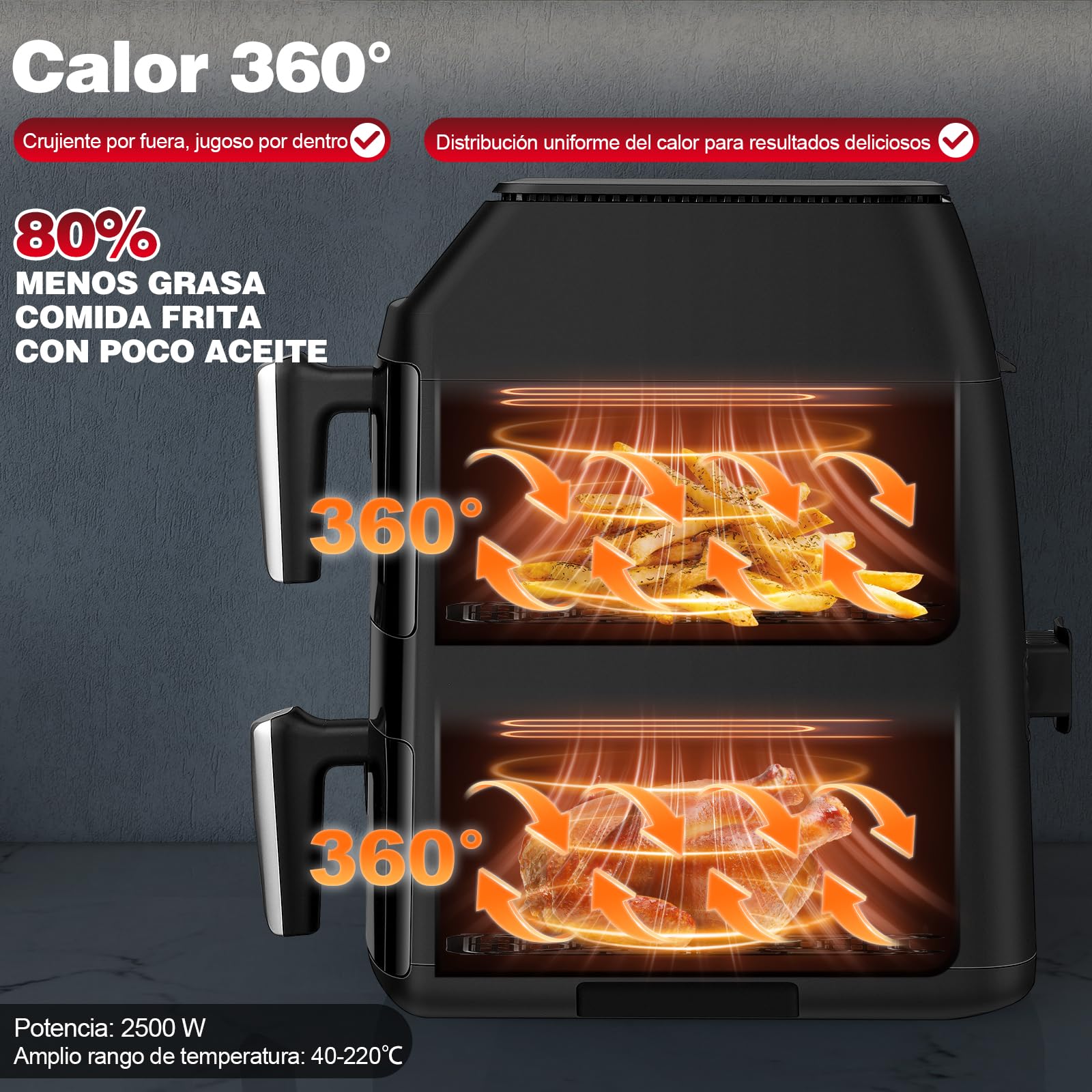 TopStrong Double Stack Freidora de aire, 11 L Air Fryer Doble Cesta Vertical, 40℃-220℃, 6 Funciones de Cocción & 8 Programas Preconfigurados, Ahorrar Espacio, 2500W (Negro Ventana)