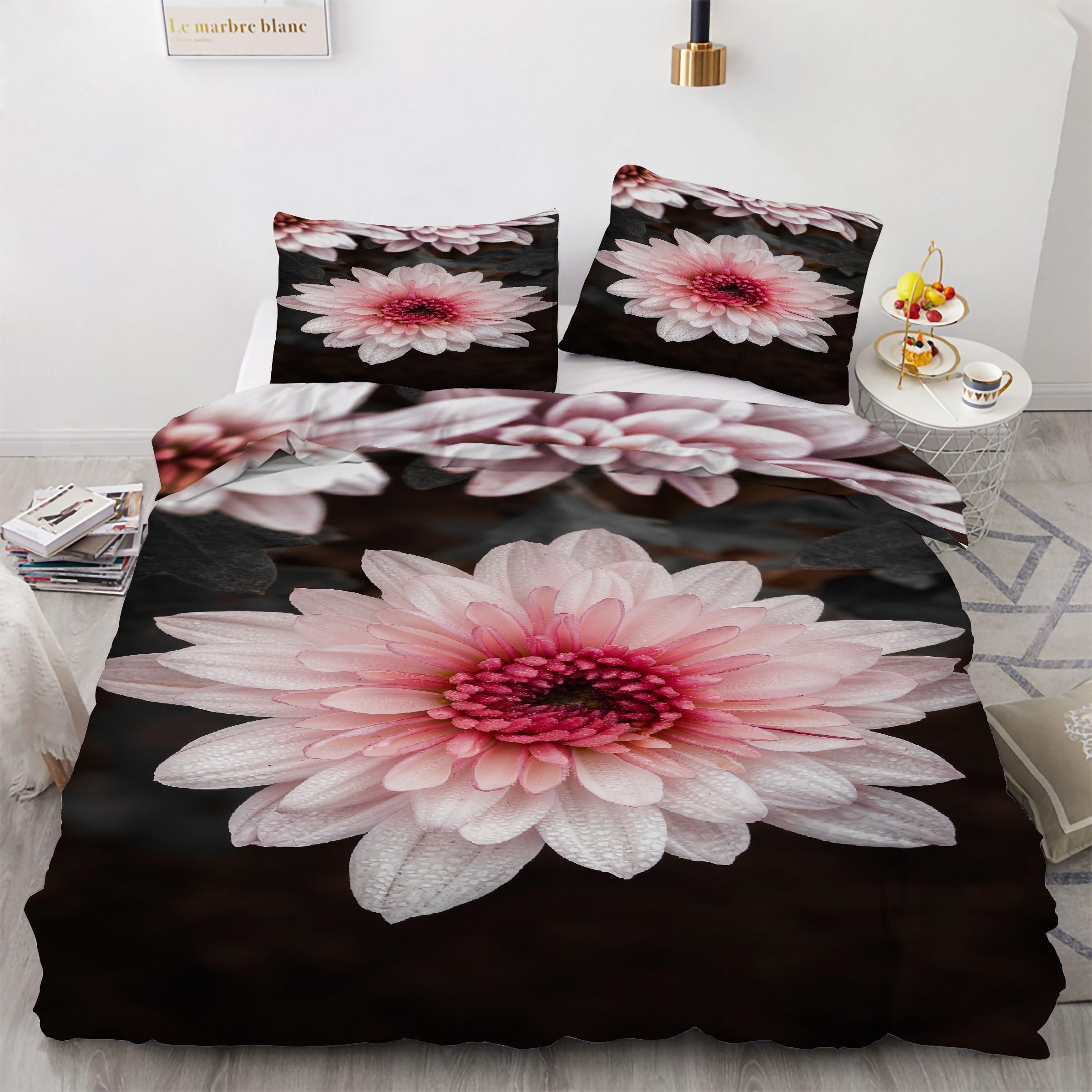 Housse de couette 160x200 rose chrysanthème en microfibre douce avec 2 taies