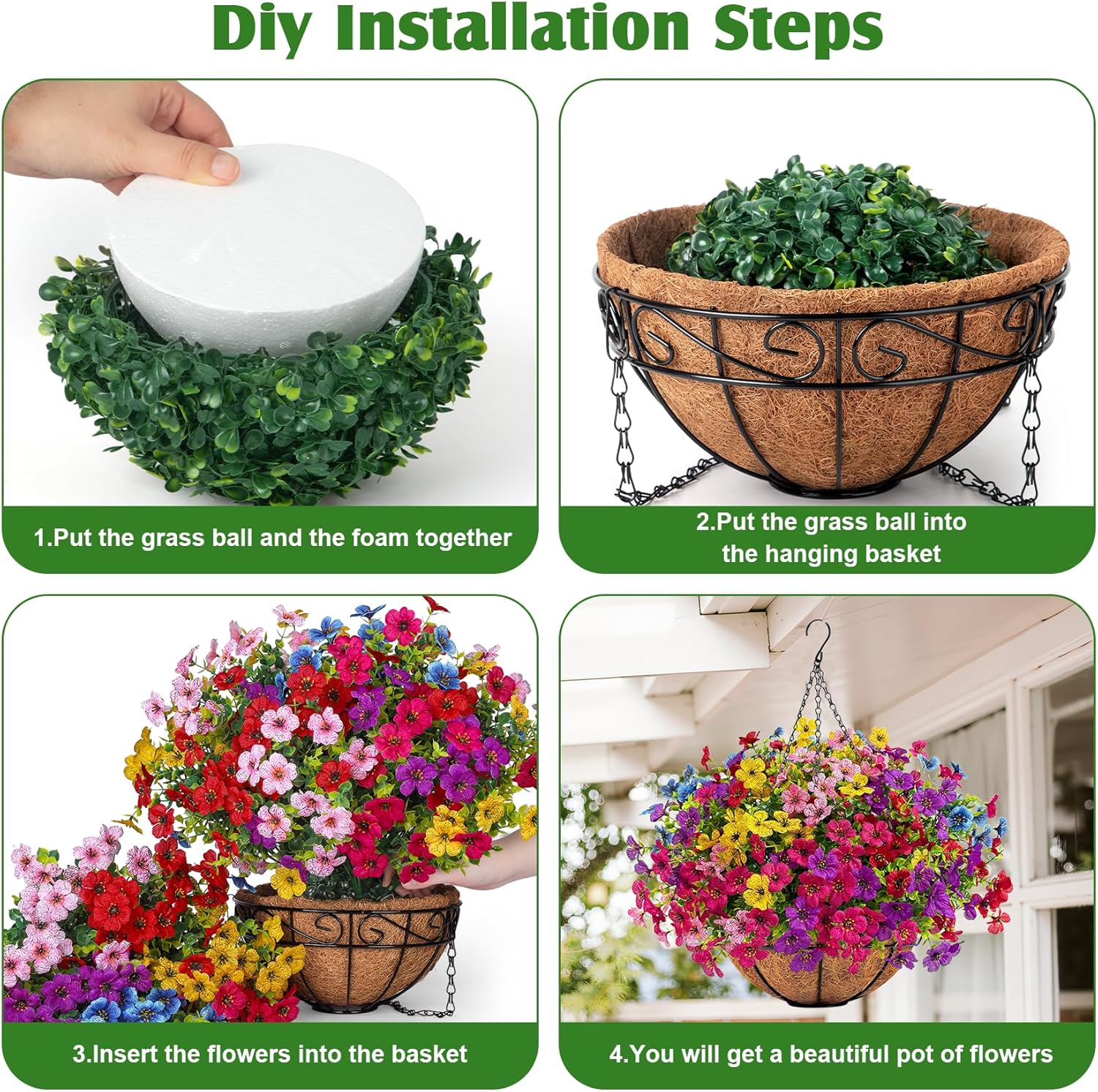Ouddy Decor Artificial Hanging Flowers with Basket, Fake Hanging Plants with Faux Silk Flowers UV Resistant for Outdoors Indoors Spring Summer Porch Patio Balcony Yard Home Decorations, Multicolor