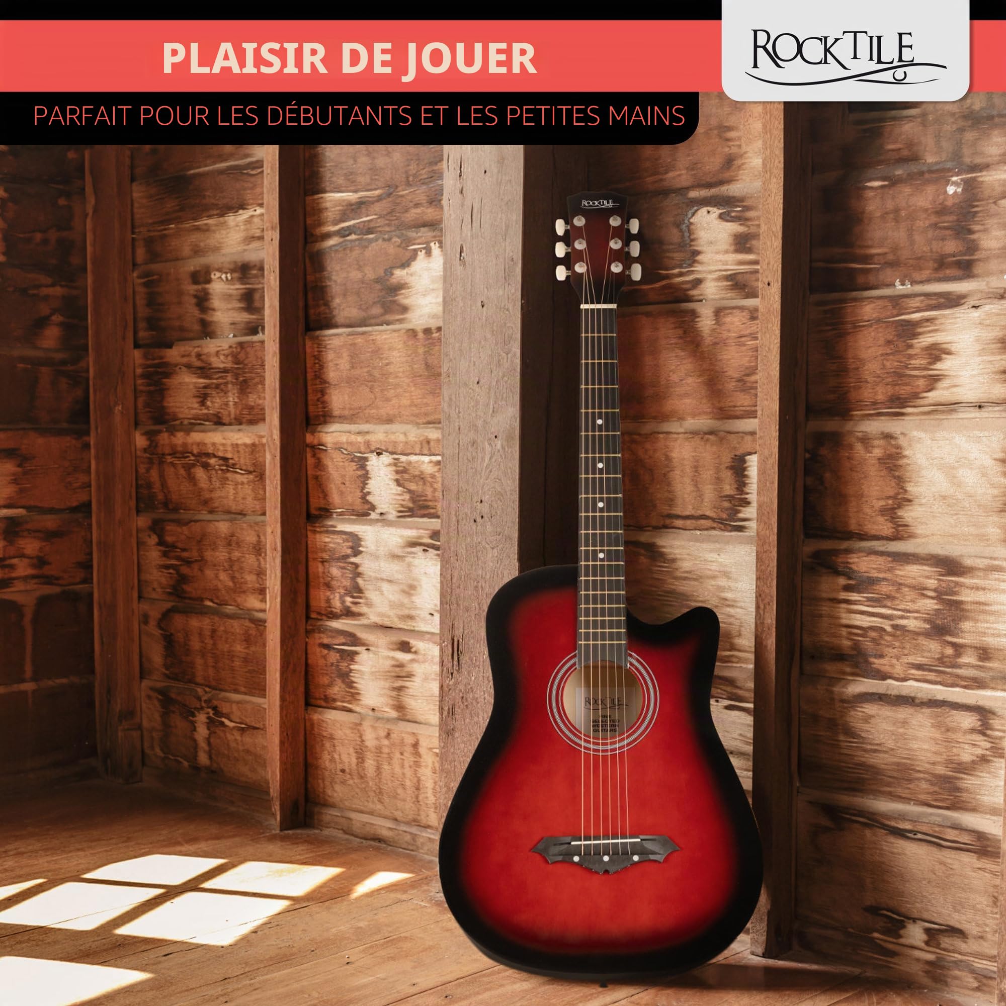 Rocktile WSD-5C-RDB Slim Line Set de Guitares Western - Guitare Acoustique Dreadnought - Corps en Tilleul - Manche : Catalpa - Set incluant housse, cordes de rechange, sangle et médiators - Redburst