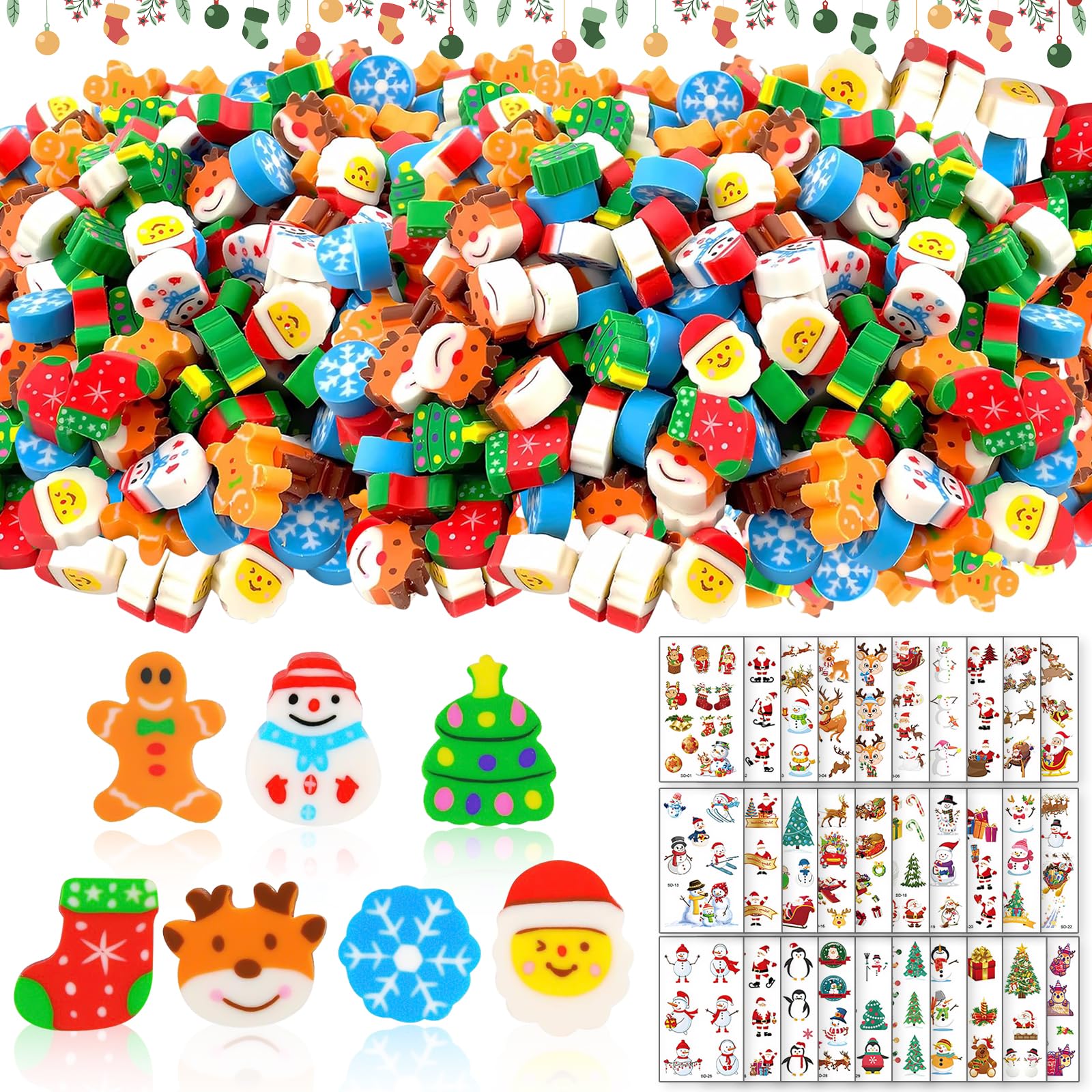 Shinybox 230 Pezzi Set di Gomme Natalizie per Bambini, 200 Mini Gomme da Cancellare Natalizie e 30 Adesivi per Tatuaggi Natalizi, Feste di Natale per Riempire la Calza Della Befana