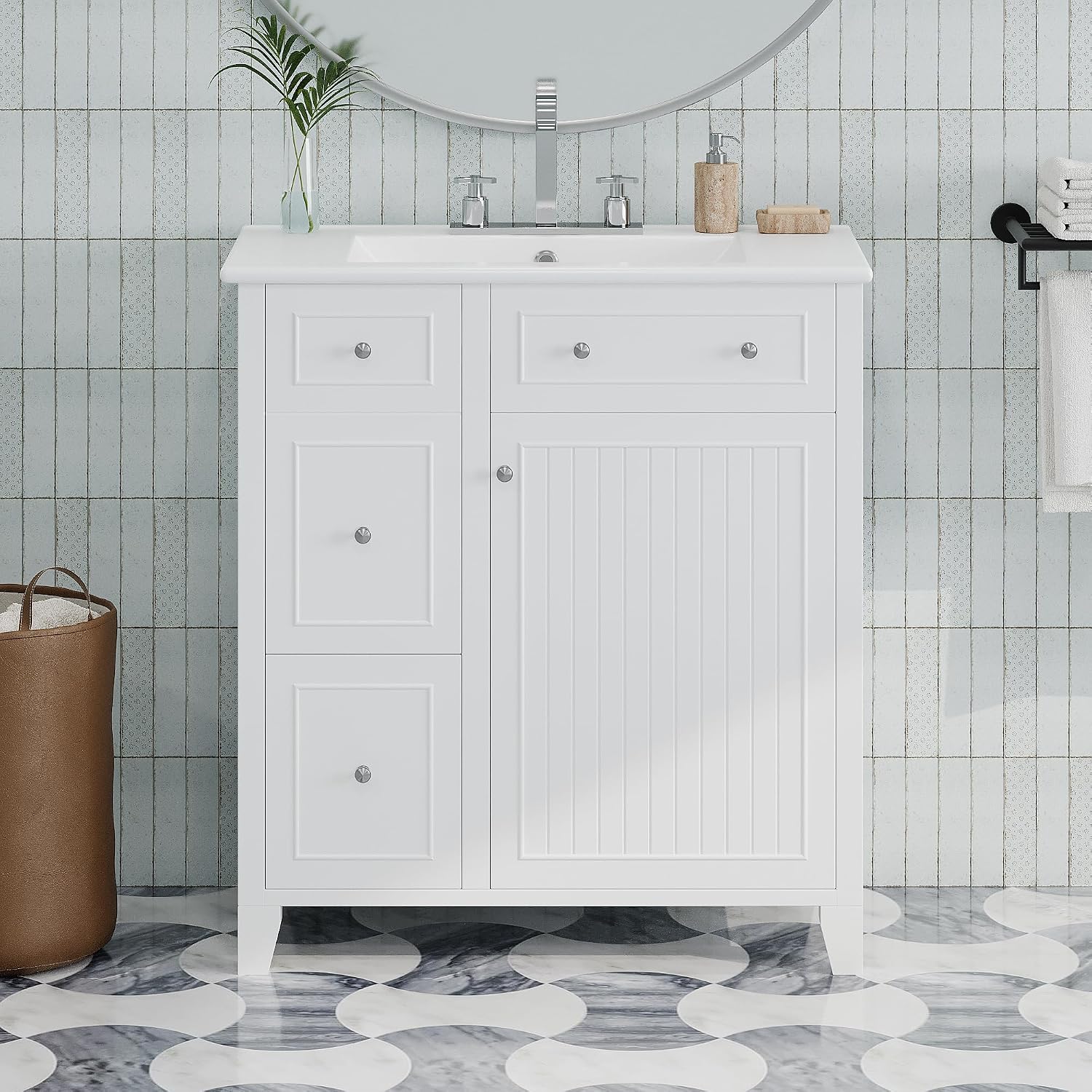 Merax 30" Vanity with Single Sink Combo, Multi-Functional Bathroom Cabinet with Doors and Drawer, Suitable for 8" centerset Faucet (not Included)