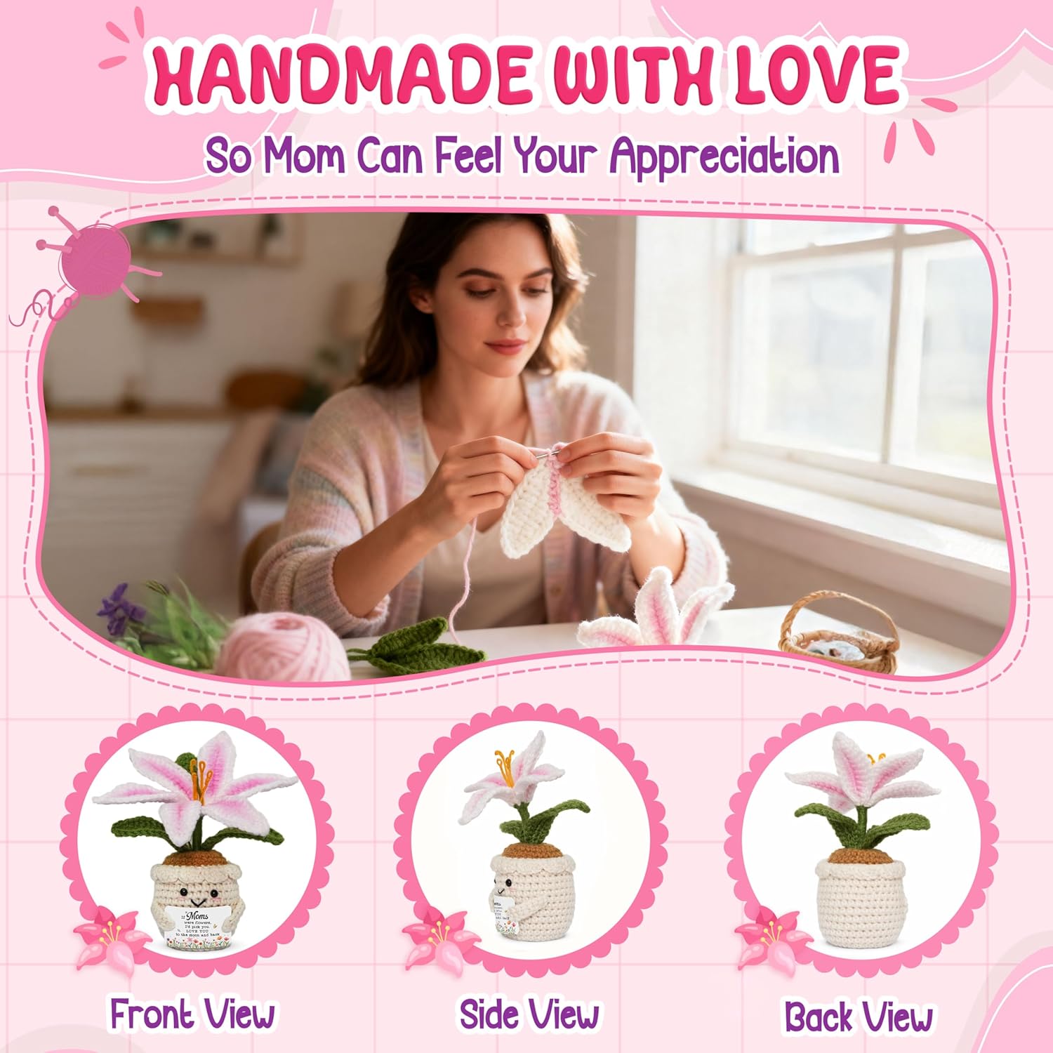 OASSIE Gifts for Mom - Emotional Support Crochet Lily Flower - Proud of You Motivational Positive Mothers Day Birthday Gifts for Mom from Daughter Son, Mother Gift, Mama Gift